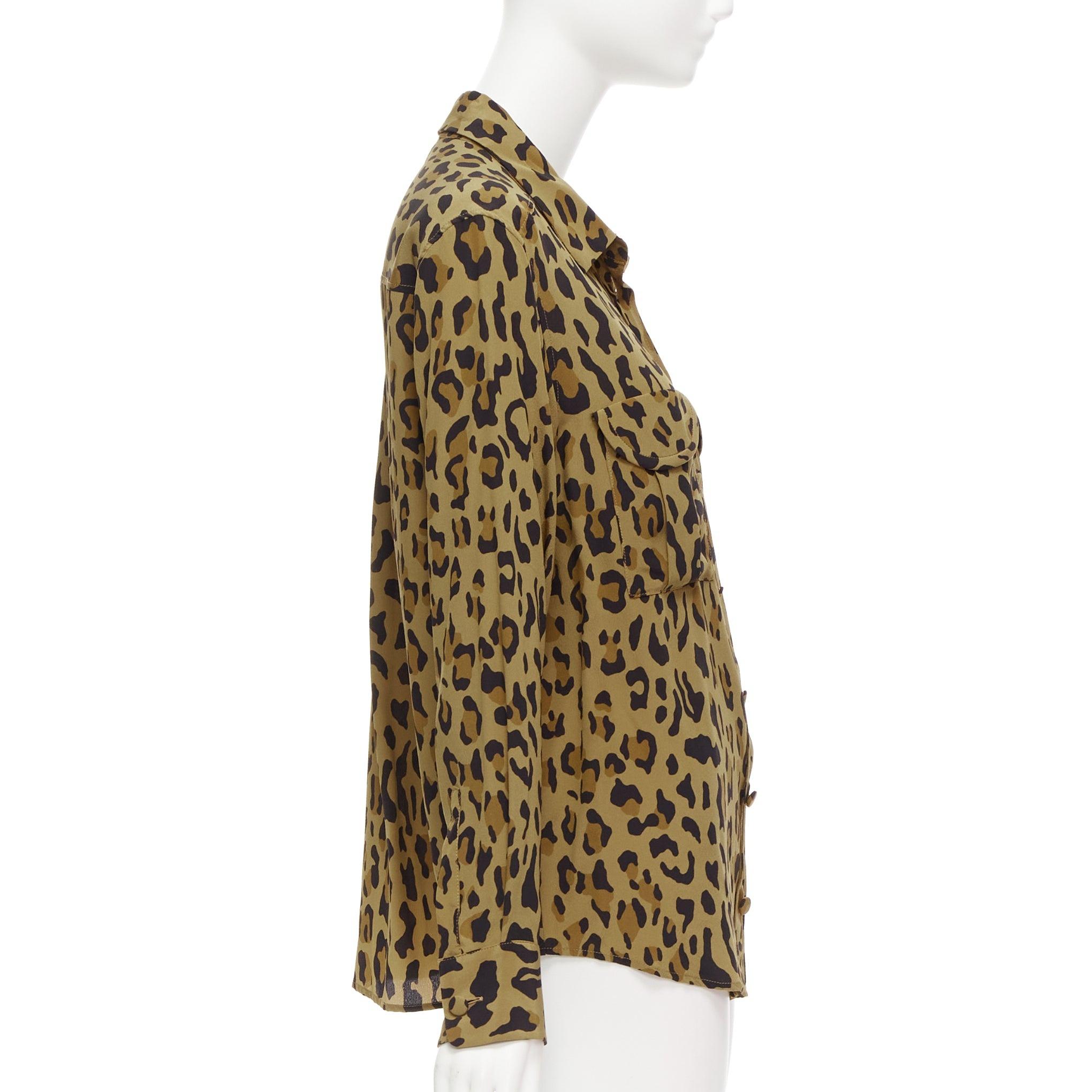 BLAZE MILANO 100% silk brown leopard print wrap button casual shirt Sz.1 S In Excellent Condition For Sale In Hong Kong, NT