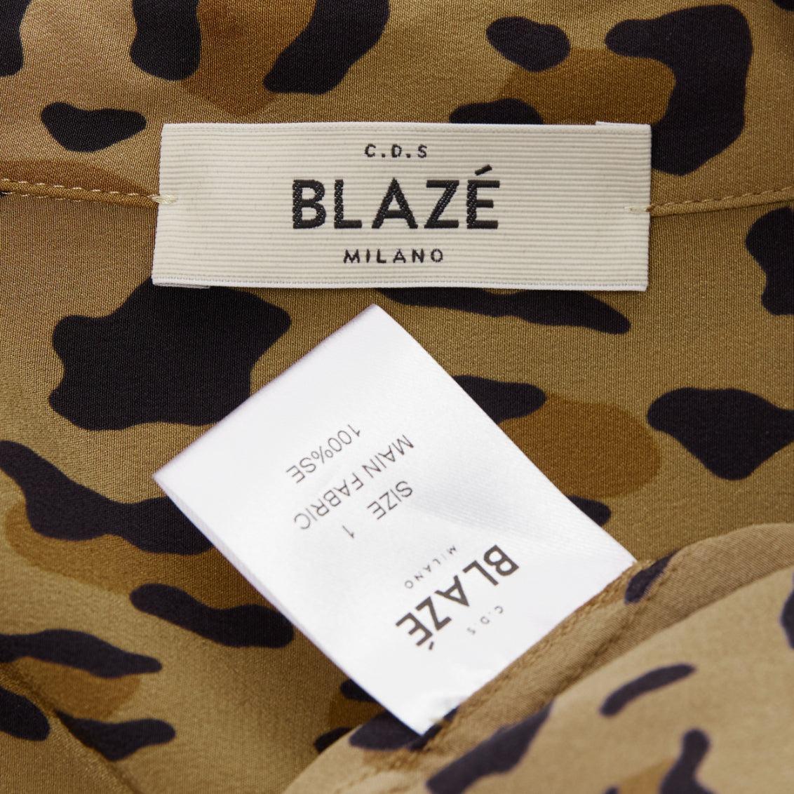 BLAZE MILANO 100% silk brown leopard print wrap button casual shirt Sz.1 S For Sale 3