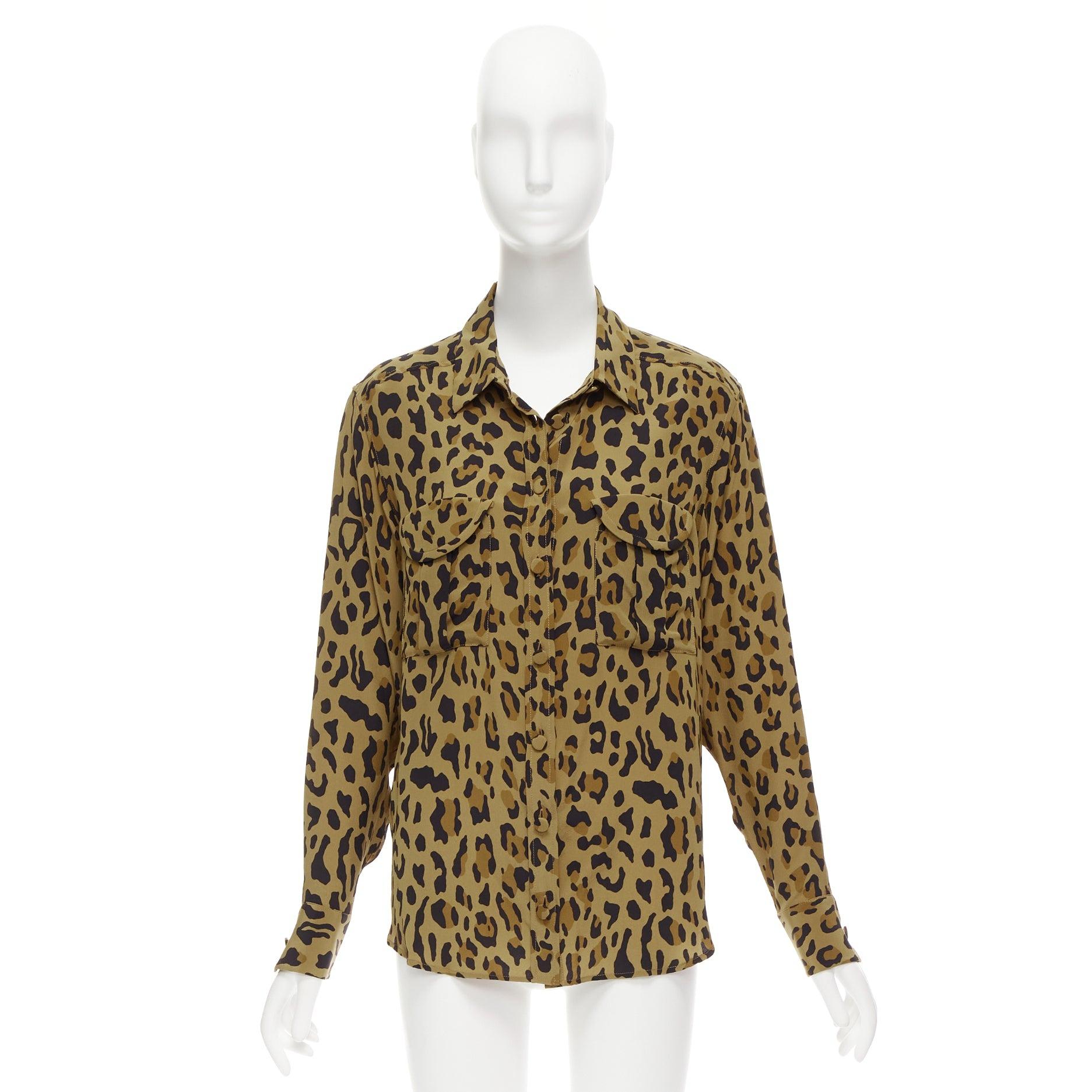 BLAZE MILANO 100% silk brown leopard print wrap button casual shirt Sz.1 S For Sale 4