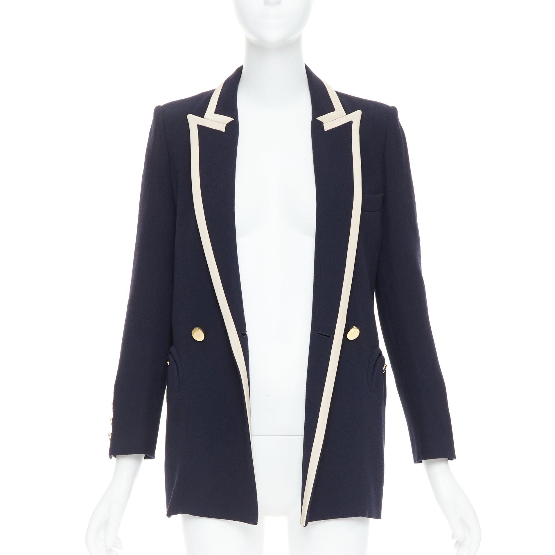 Black BLAZE MILANO Everyday navy virgin wool silk trim curved pocket blazer US0 XS For Sale
