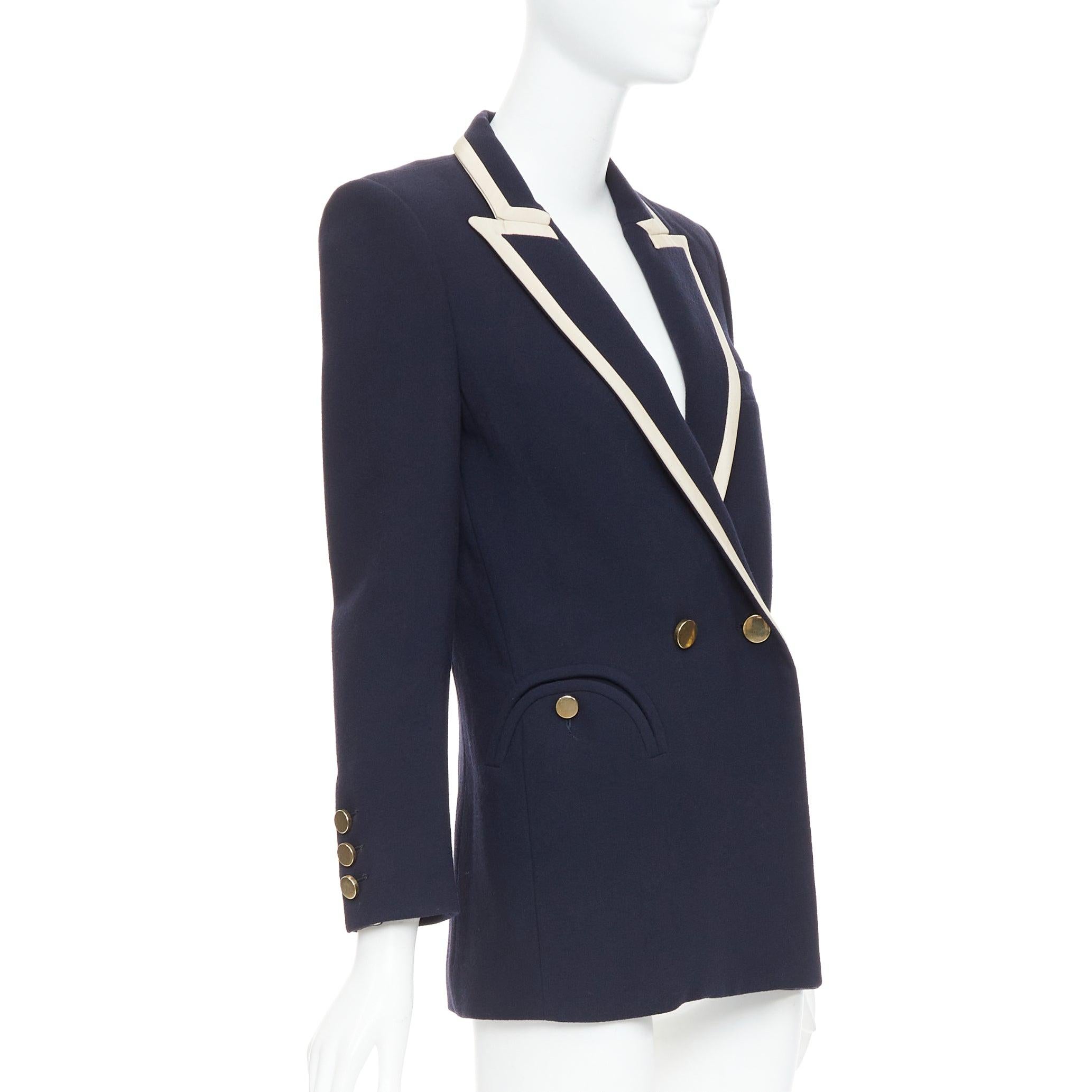 BLAZE MILANO Everyday navy virgin wool silk trim curved pocket blazer US0 XS In Excellent Condition For Sale In Hong Kong, NT