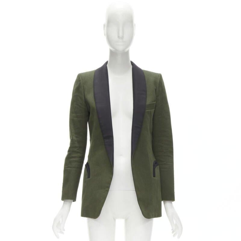 BLAZE MILANO Fumo di mezzanotte blazer scialle in cotone verde cachi con tasche curve S in vendita 5