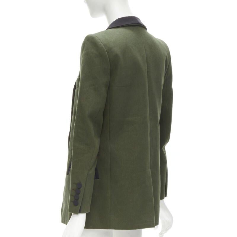 BLAZE MILANO Fumo di mezzanotte blazer scialle in cotone verde cachi con tasche curve S in vendita 1