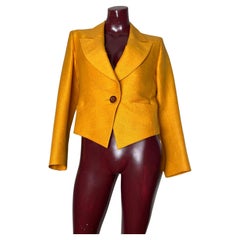 Yellow single button blazer with YSL rive gauche tips and reverse collar
