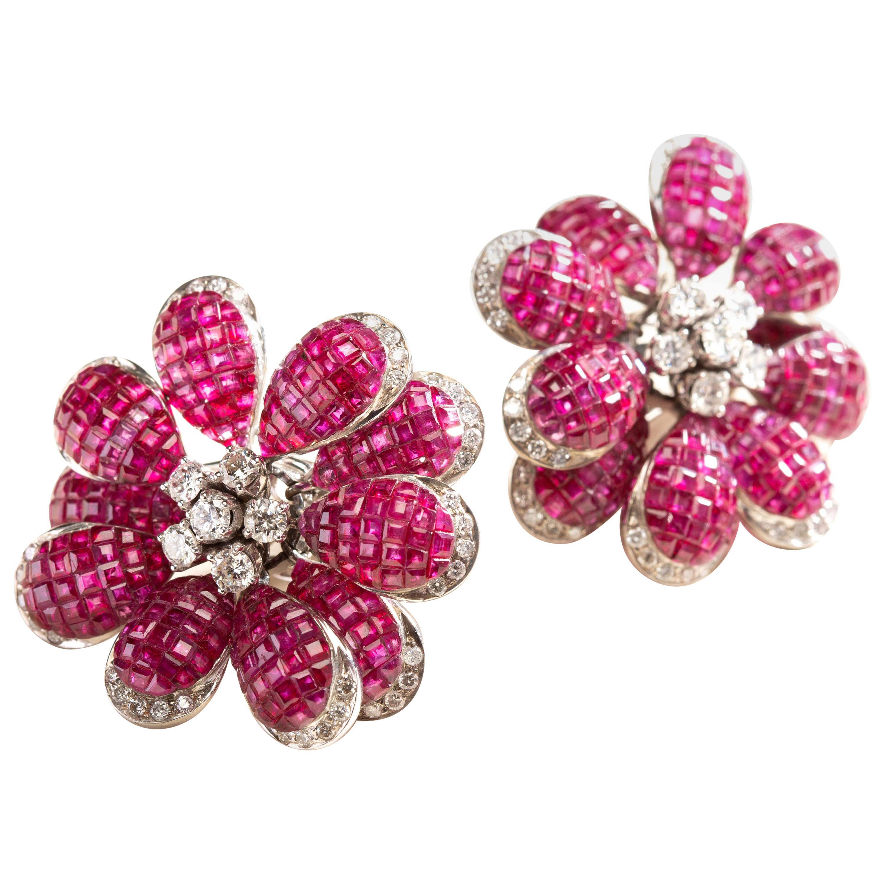 Blazingstar 10 Petal Ruby Flower Earrings with Diamonds in 14 Karat Gold For Sale