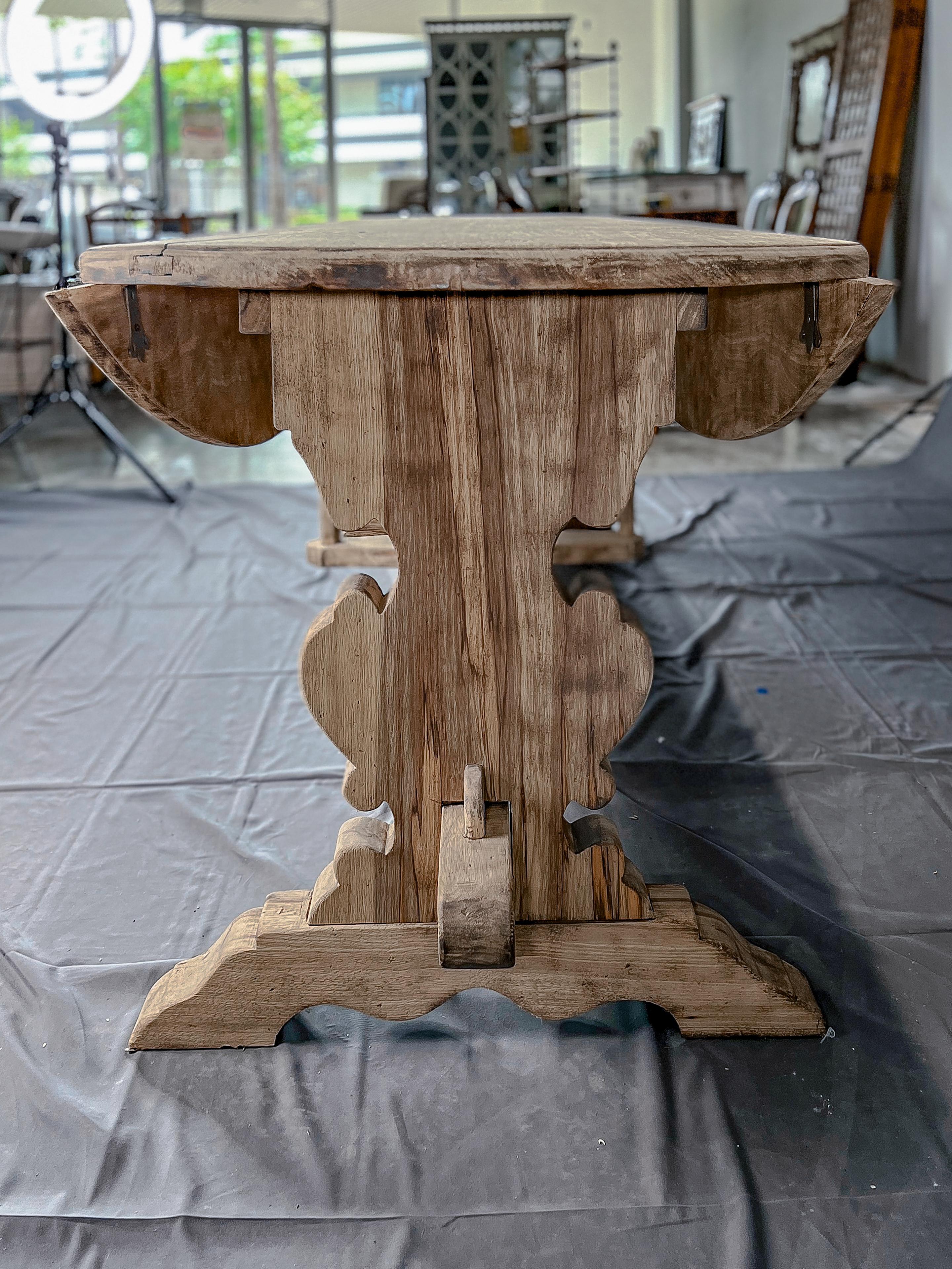 Bleached 19th Century French Oak Drop-Leaf Trestle Table In Good Condition In Houston, TX