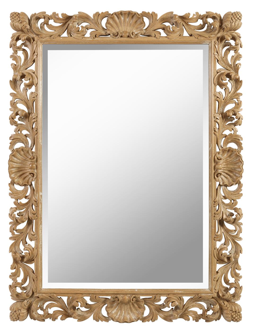 This ornately carved mirror, crafted from bleached beech wood, is a stunning example of Rococo style. The frame features intricate shell motifs and scrolling leaves, delicately sculpted to evoke a sense of opulence and fine craftsmanship. The soft,