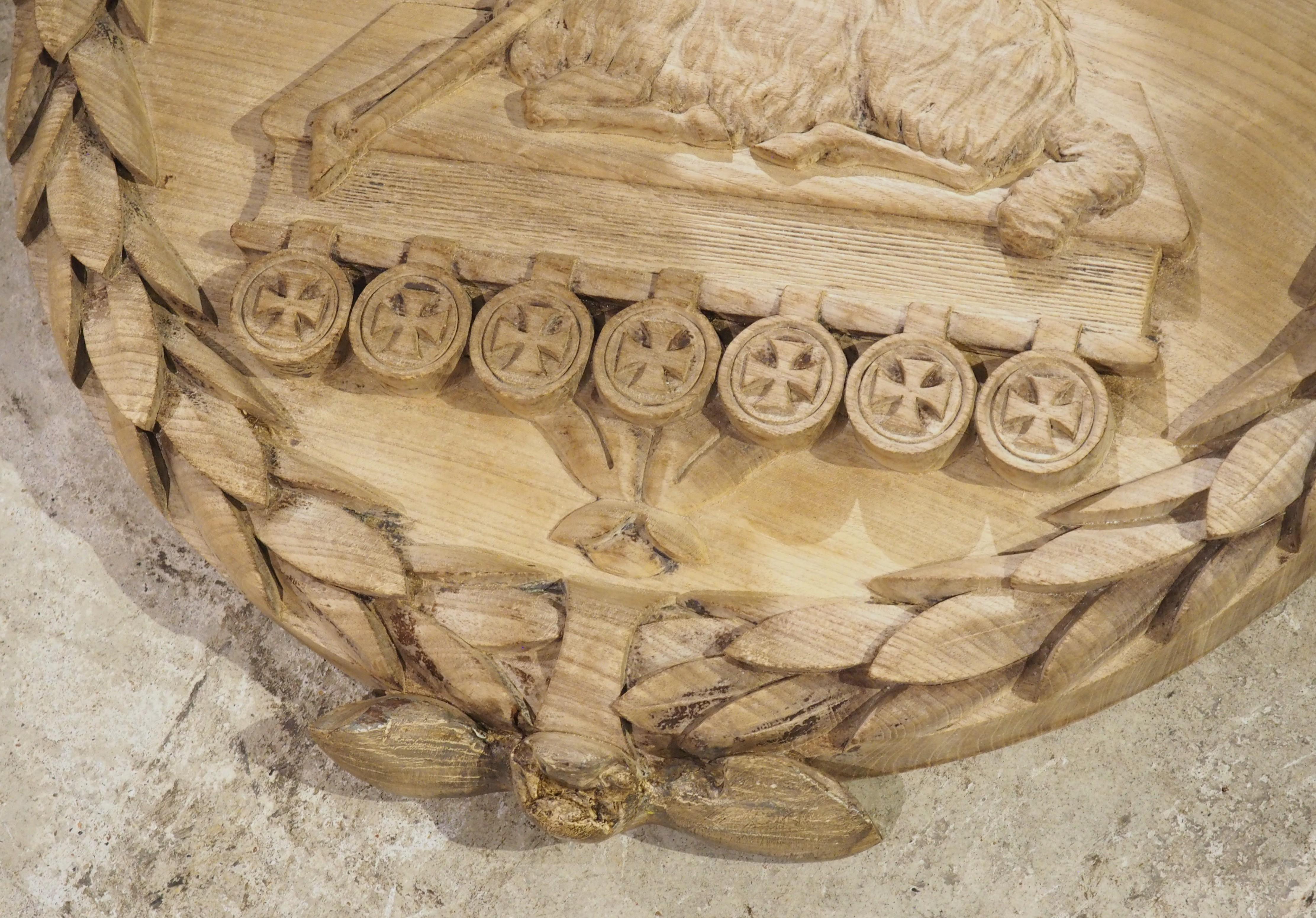 European Bleached Antique Oak Carved Panel, The Paschal Lamb with Laurel Wreath, 19th C. For Sale