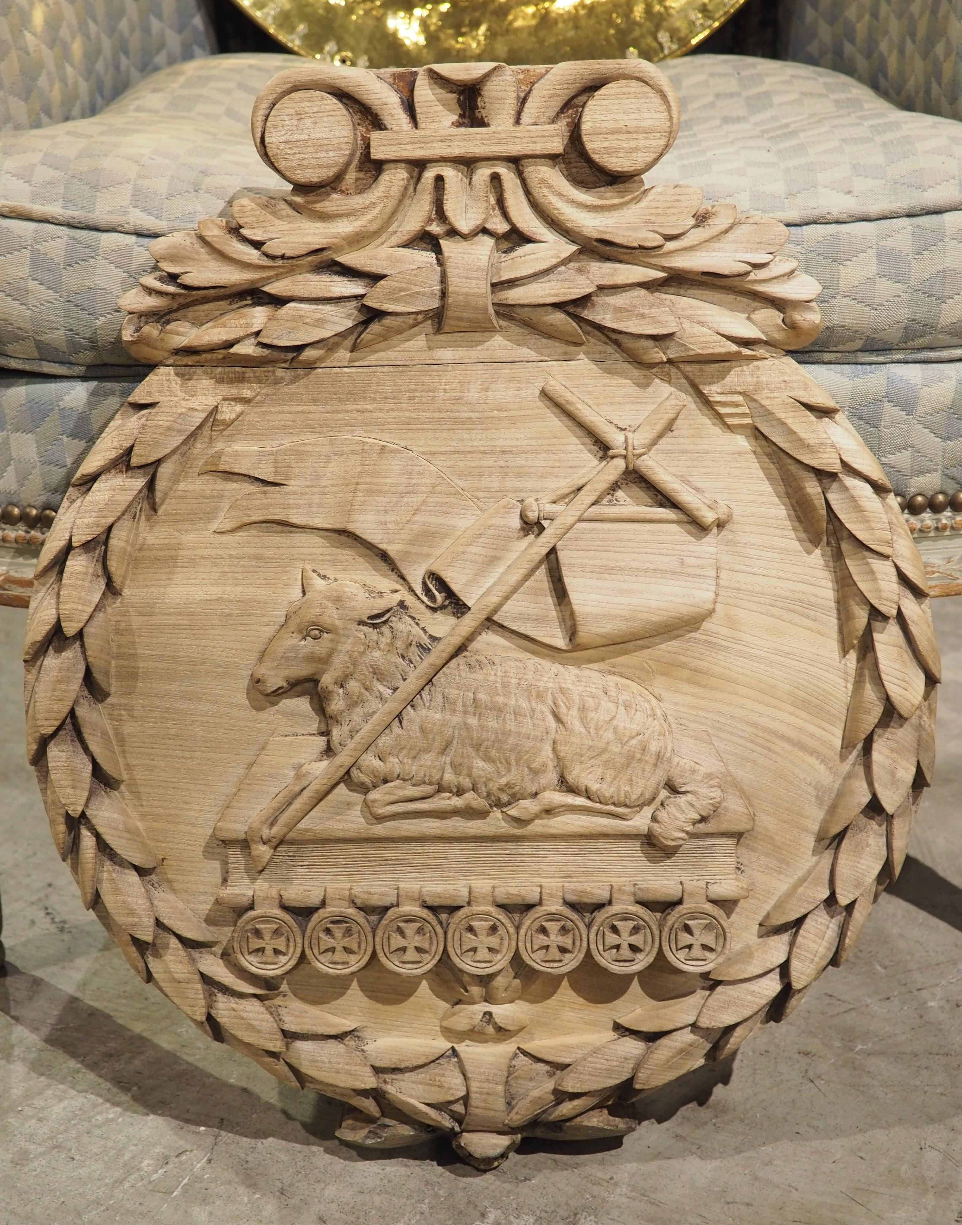Bleached Antique Oak Carved Panel, The Paschal Lamb with Laurel Wreath, 19th C. In Good Condition For Sale In Dallas, TX