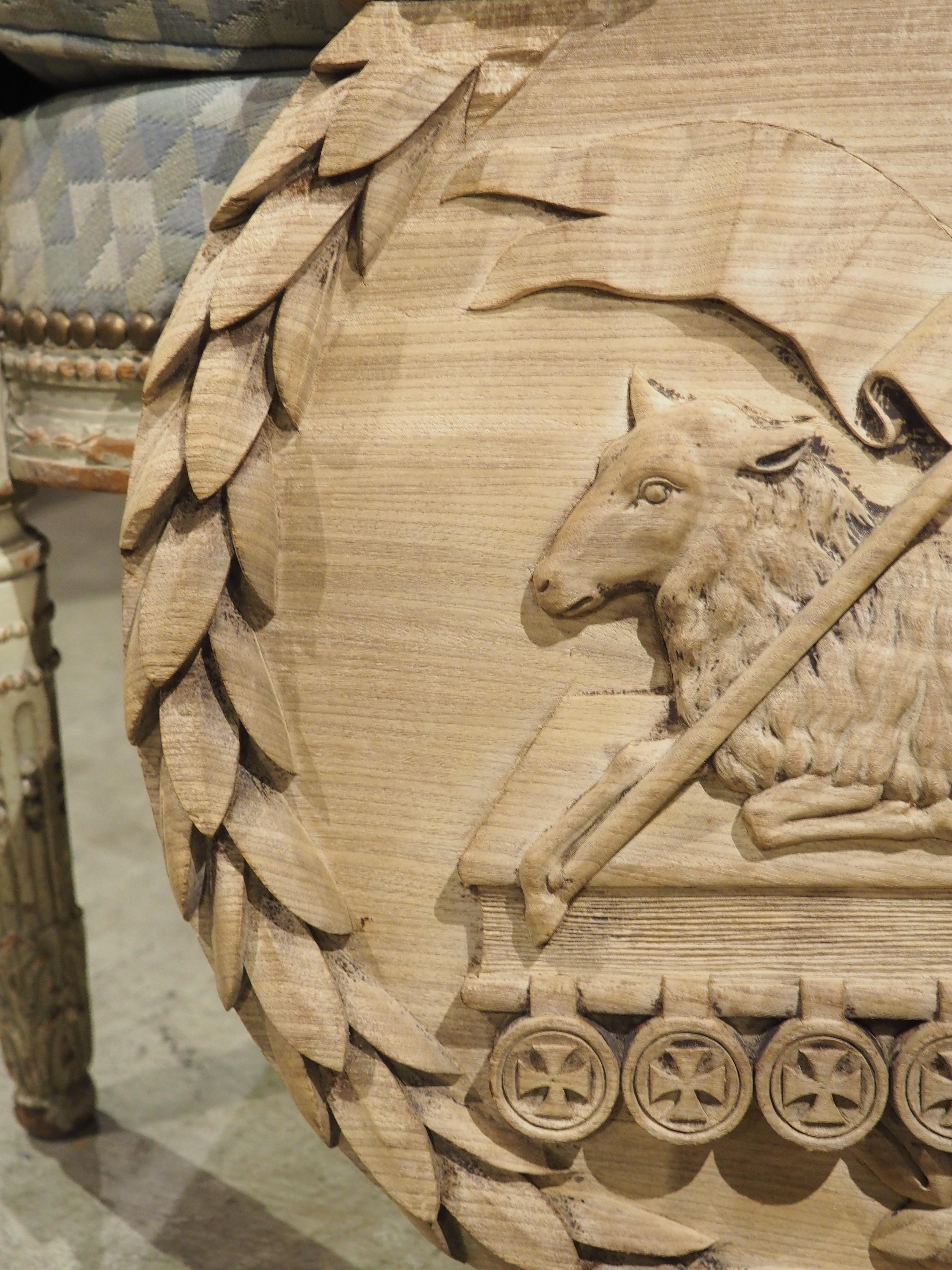Wood Bleached Antique Oak Carved Panel, The Paschal Lamb with Laurel Wreath, 19th C. For Sale