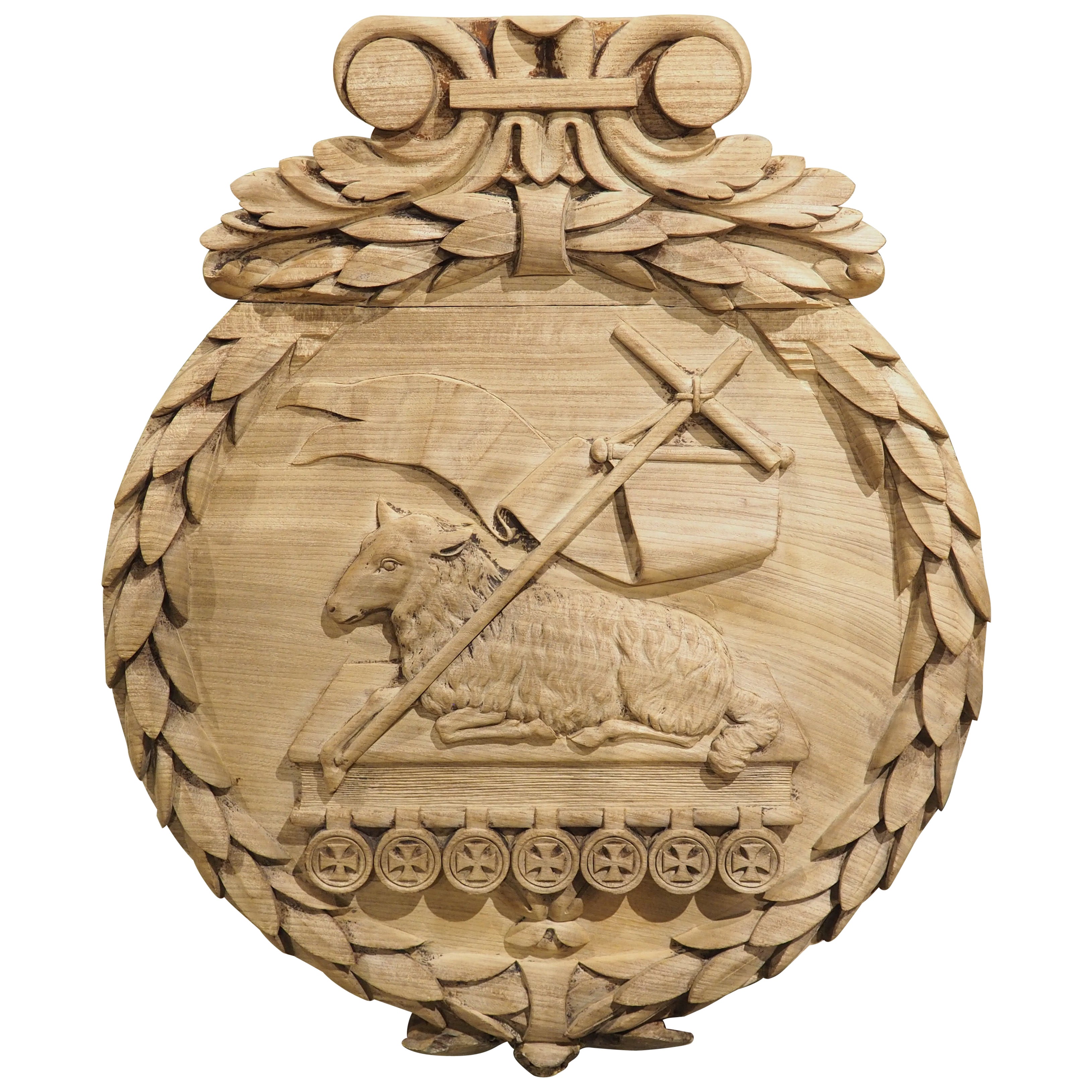 Bleached Antique Oak Carved Panel, The Paschal Lamb with Laurel Wreath, 19th C. For Sale