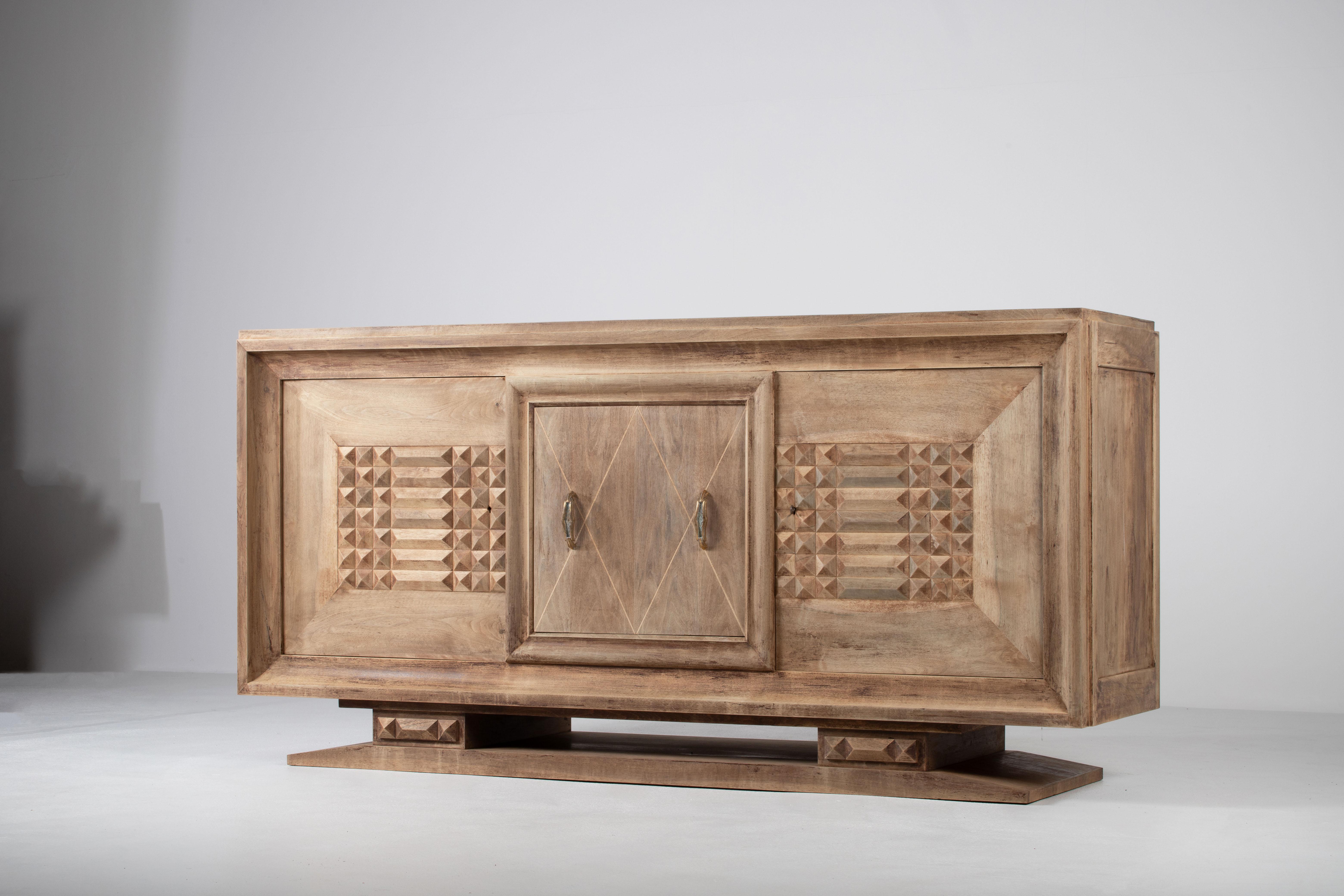 Bleached Art Deco Solid Oak Sideboard with Geometric Details, France, 1940s For Sale 4