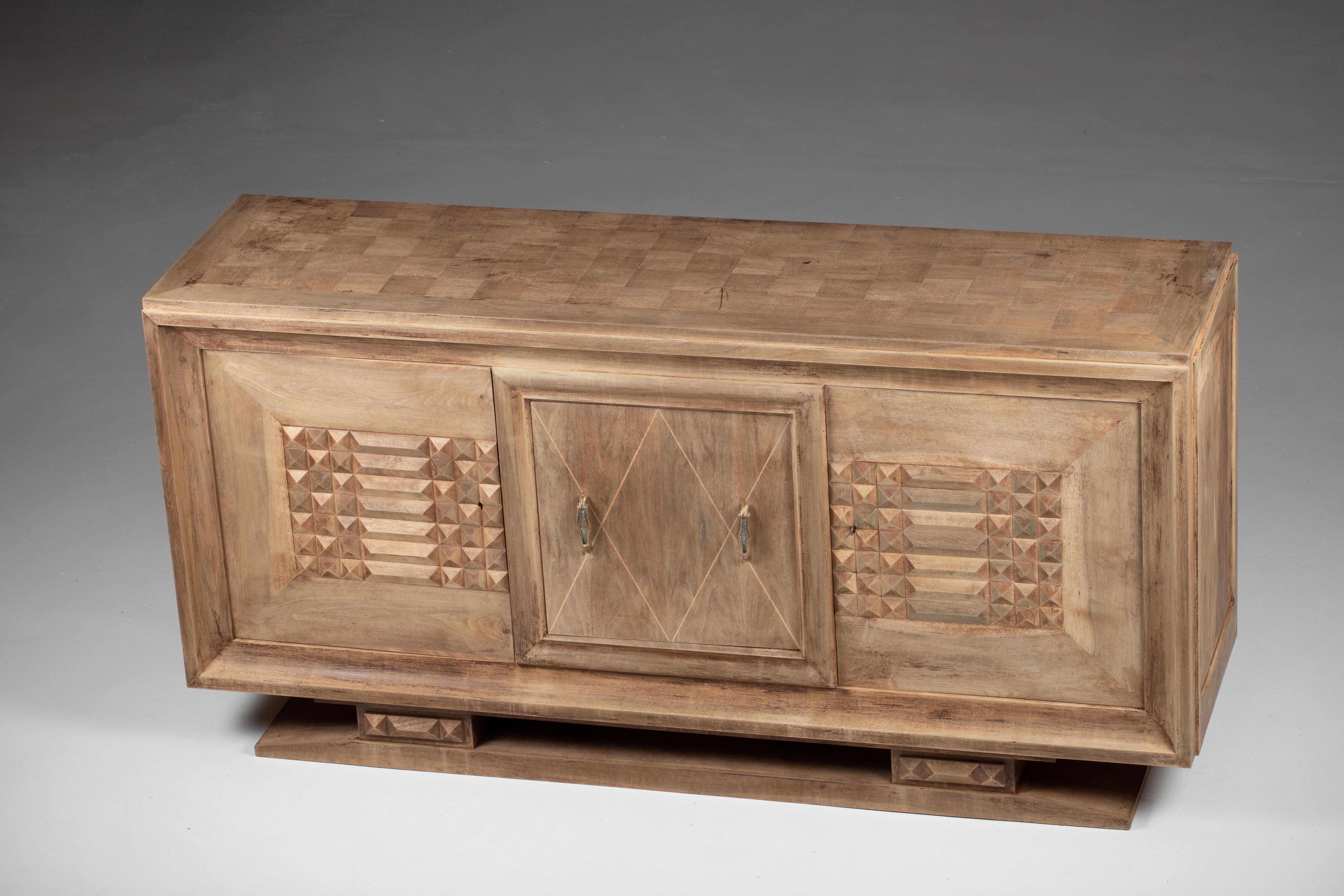 Bleached Art Deco Solid Oak Sideboard with Geometric Details, France, 1940s For Sale 9