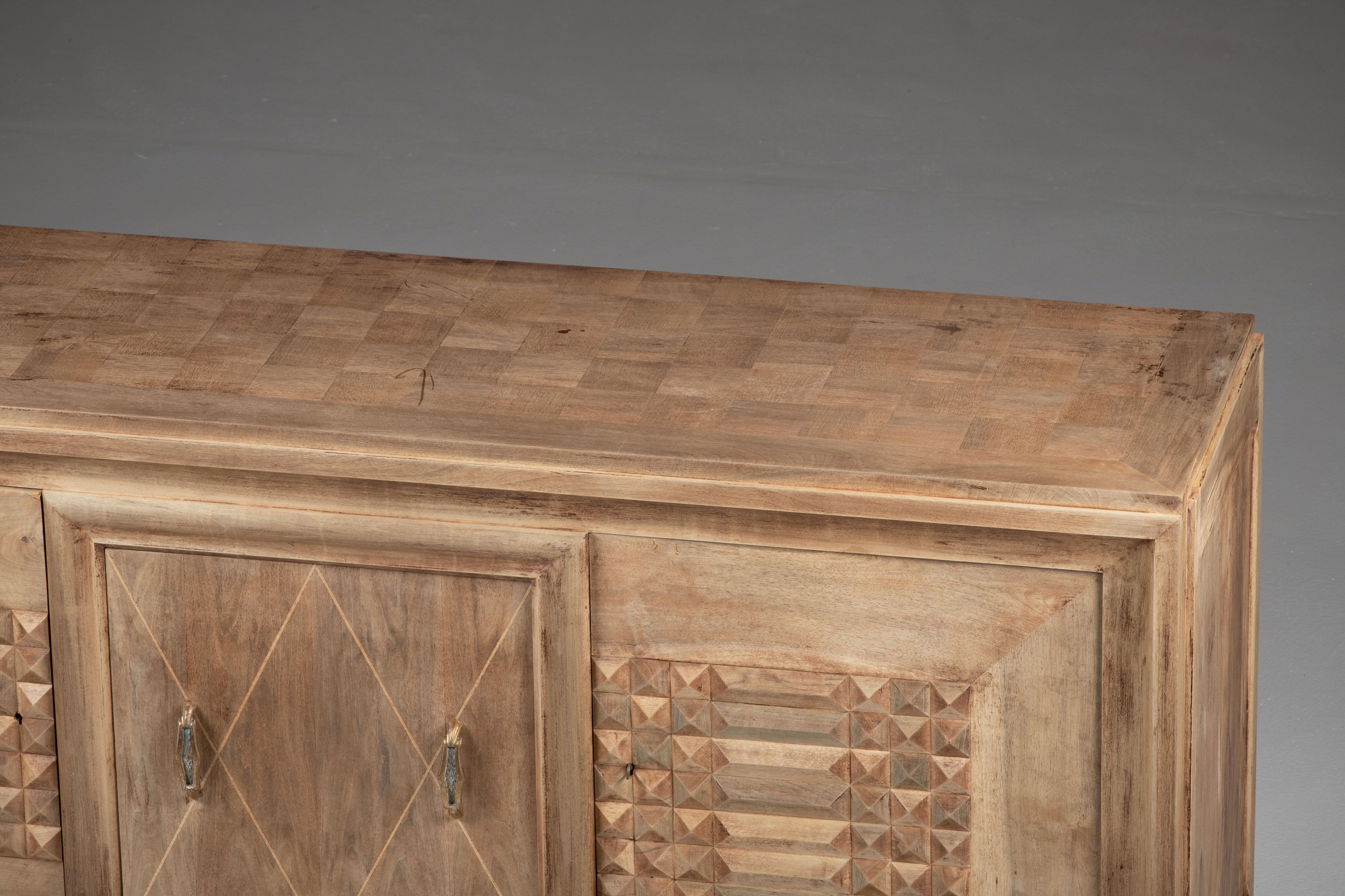 Bleached Art Deco Solid Oak Sideboard with Geometric Details, France, 1940s For Sale 10
