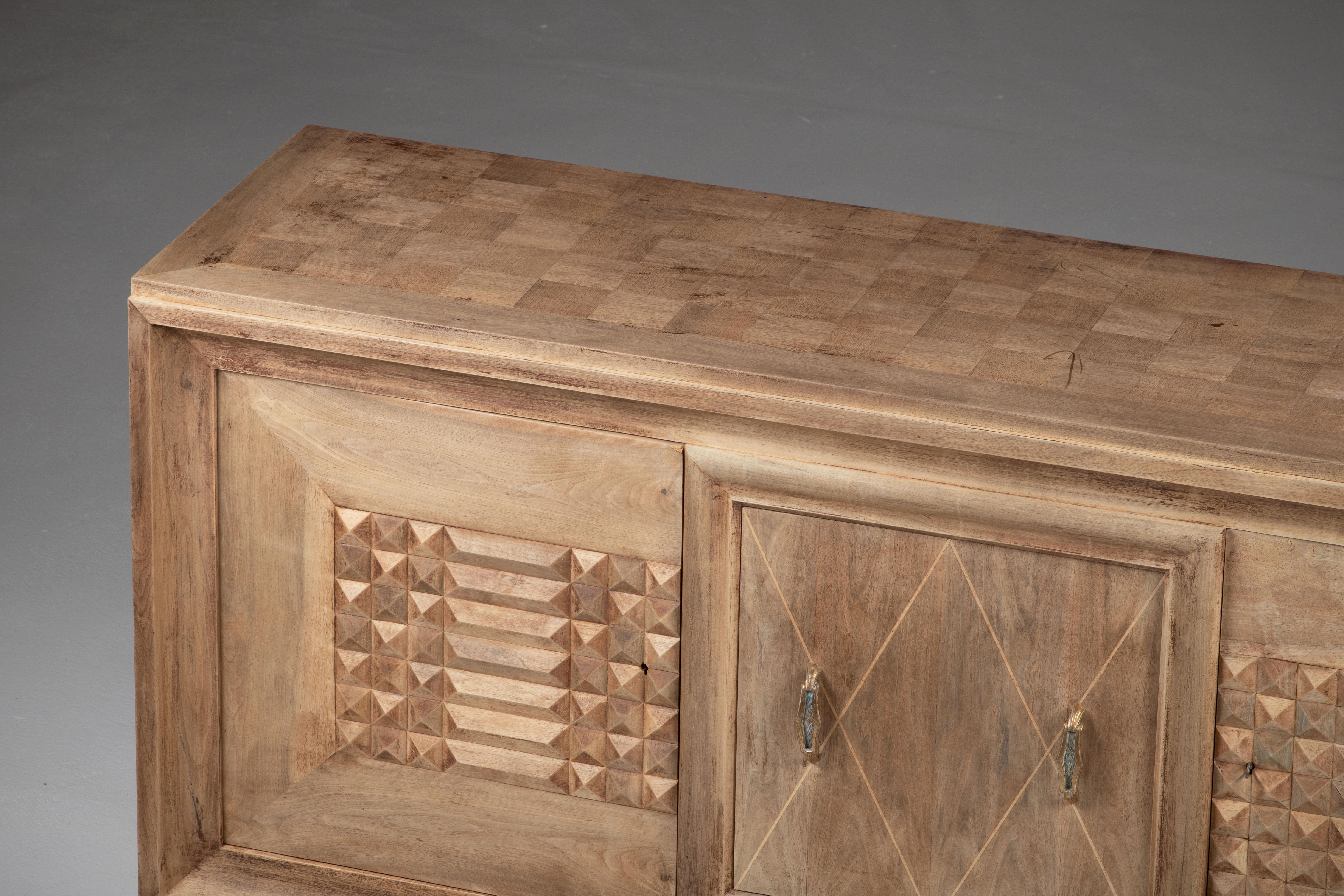 Bleached Art Deco Solid Oak Sideboard with Geometric Details, France, 1940s For Sale 11