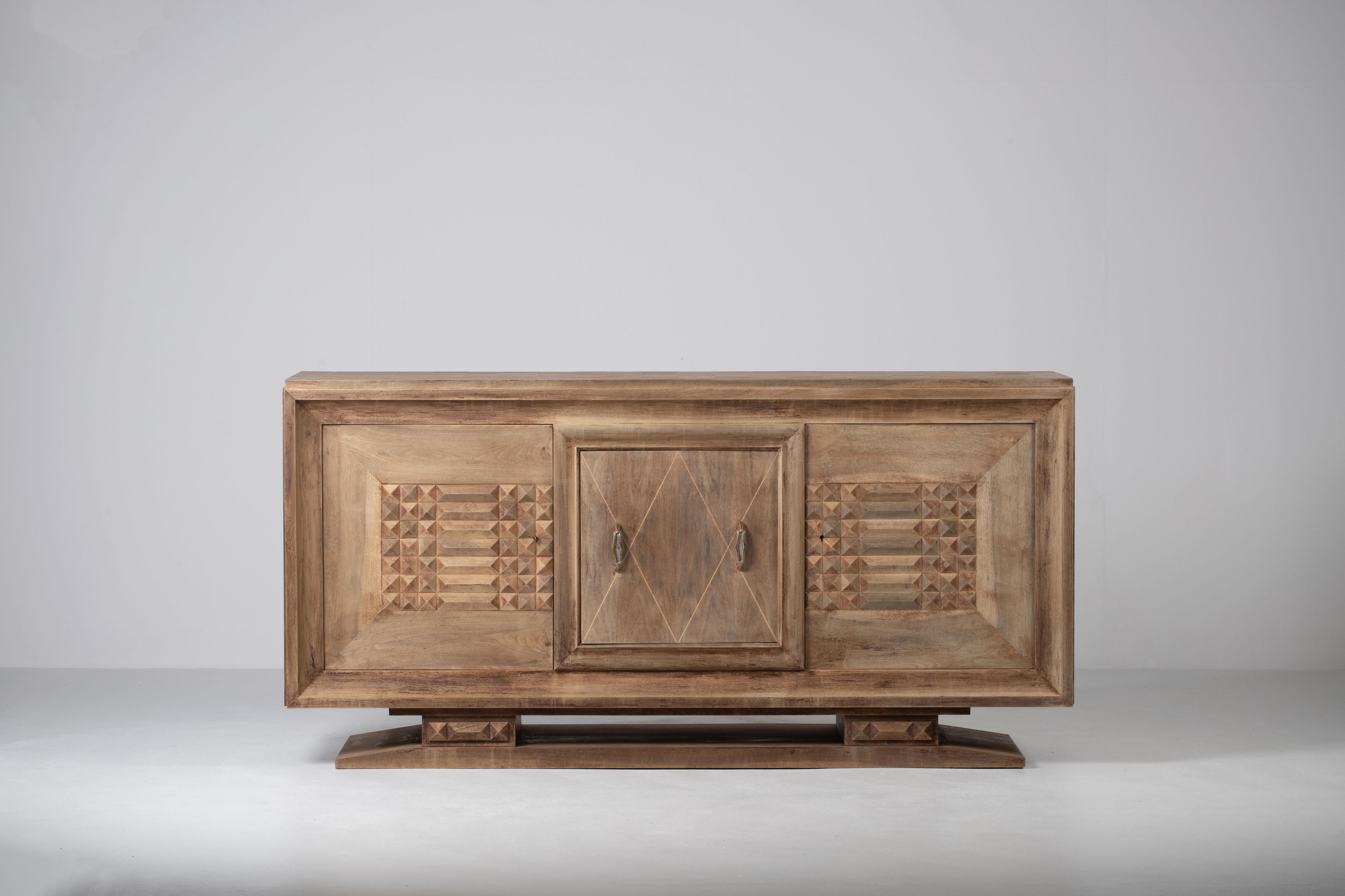 Bleached Art Deco Solid Oak Sideboard with Geometric Details, France, 1940s For Sale 12
