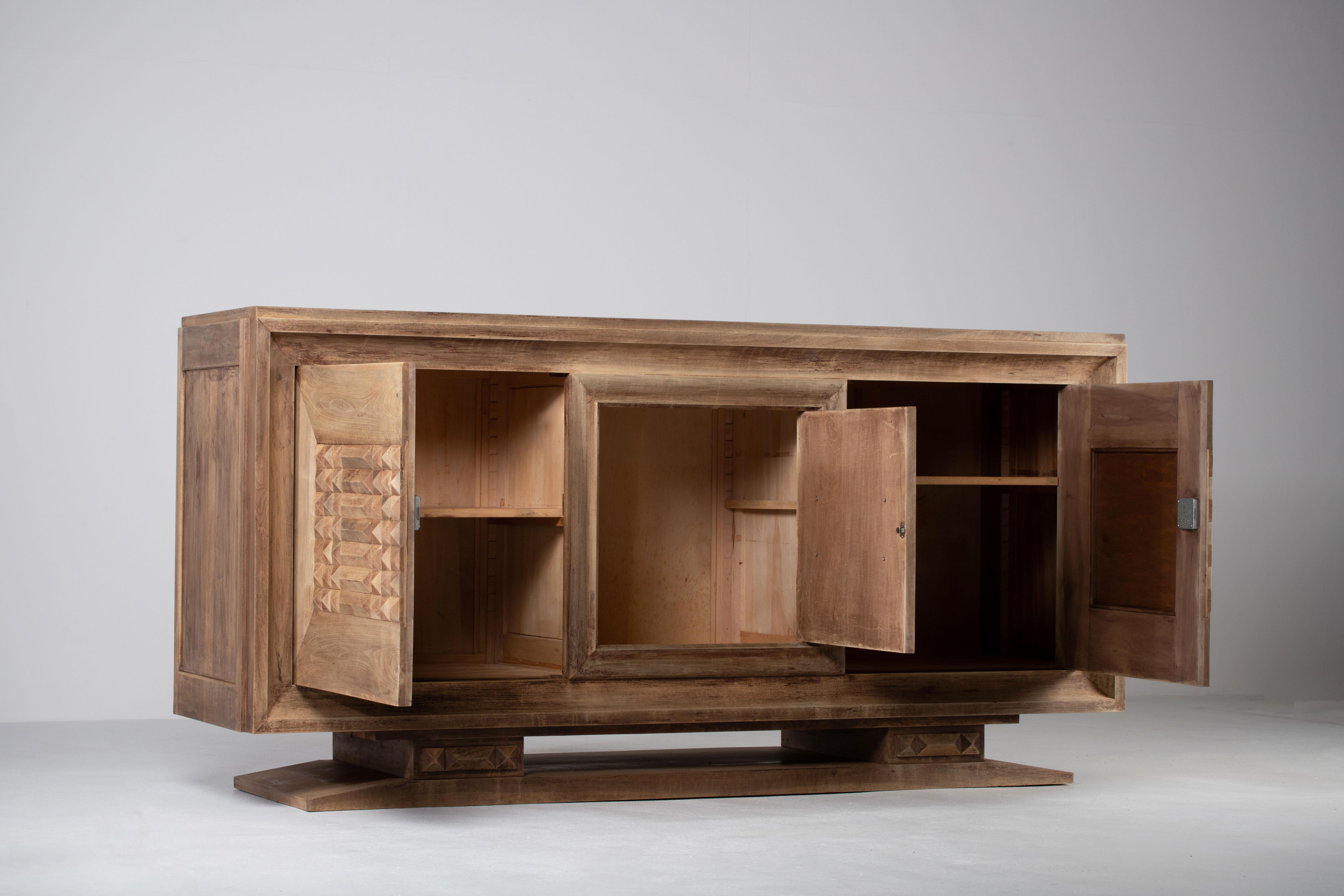 Mid-Century Modern Bleached Art Deco Solid Oak Sideboard with Geometric Details, France, 1940s For Sale