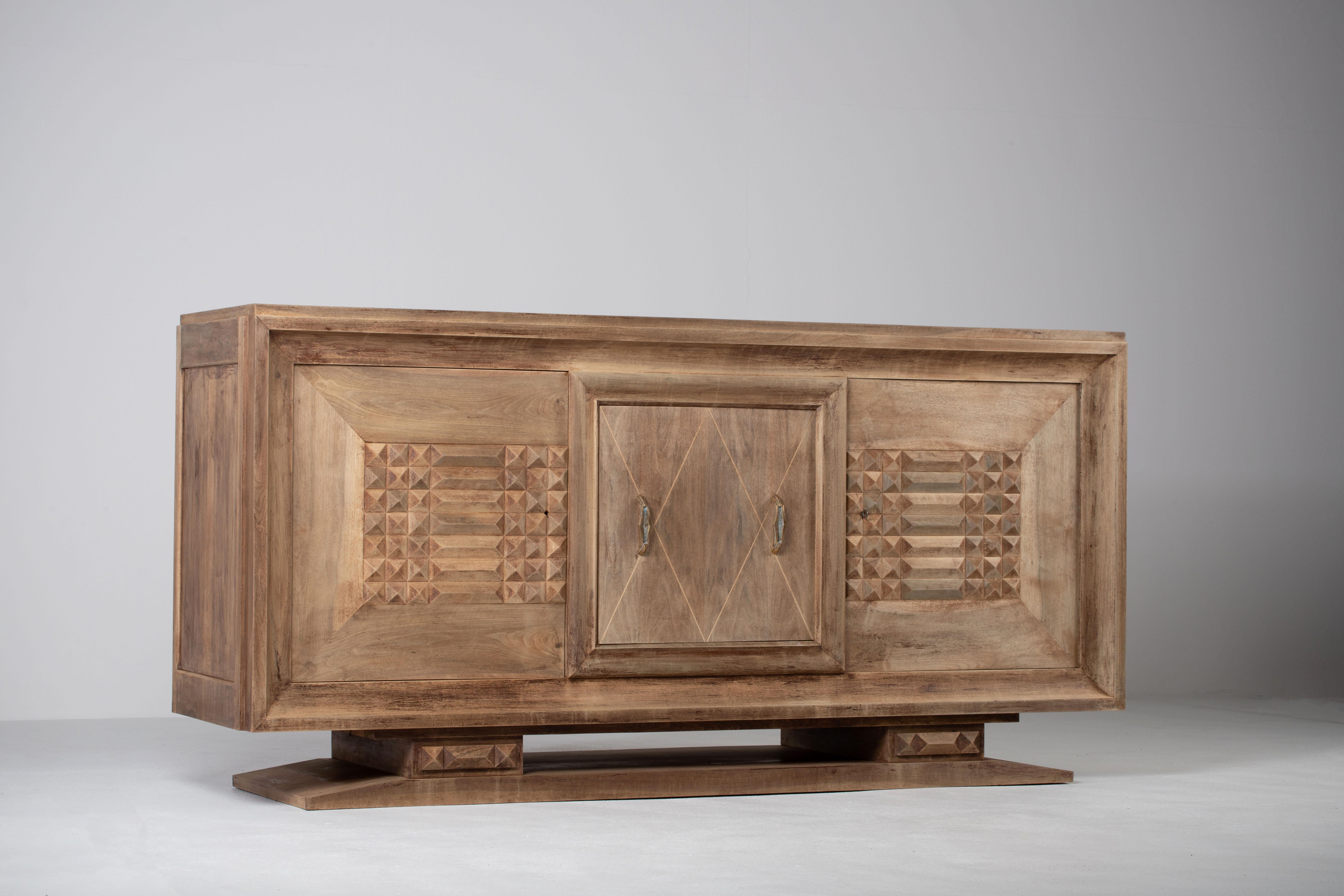French Bleached Art Deco Solid Oak Sideboard with Geometric Details, France, 1940s For Sale