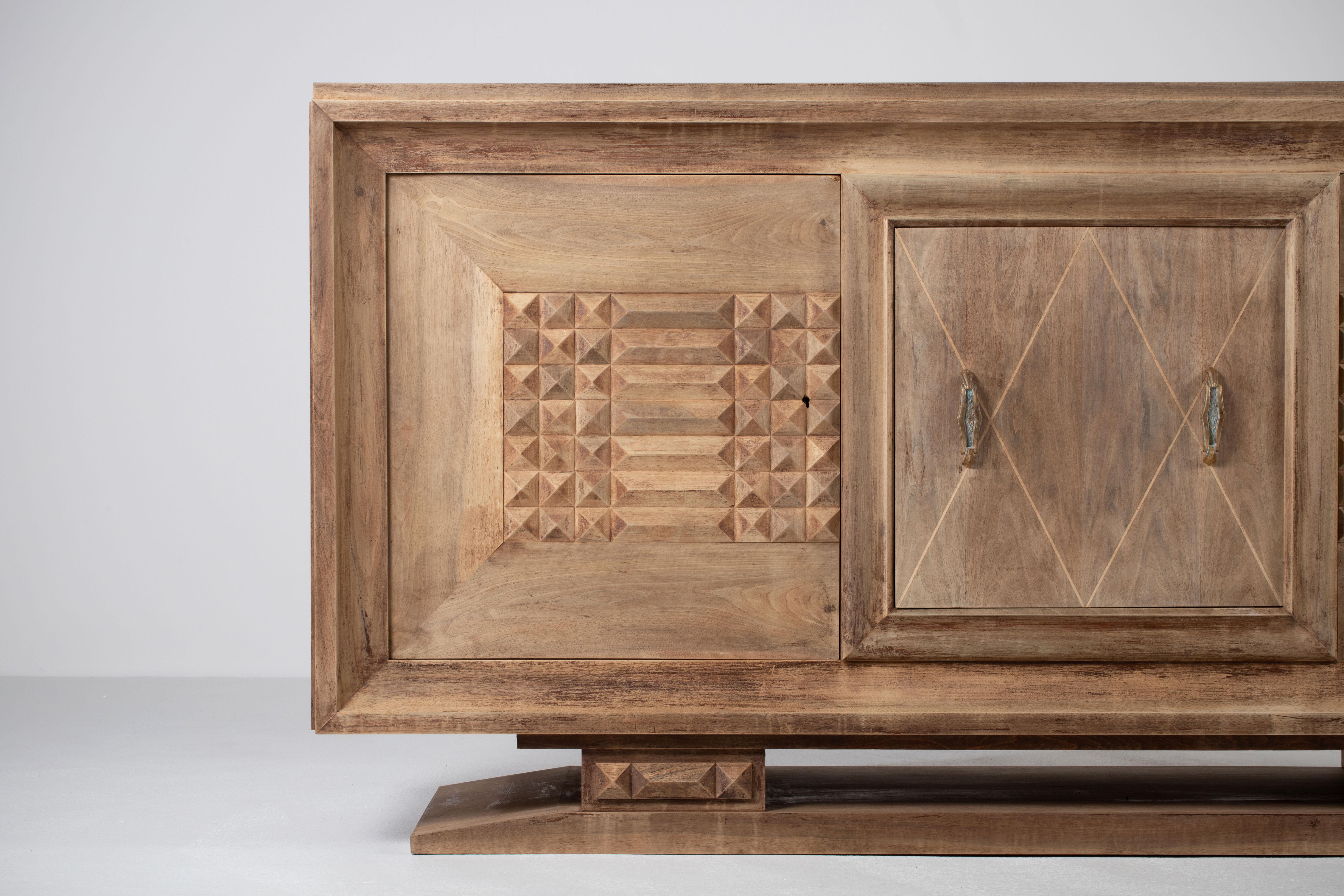 Bleached Art Deco Solid Oak Sideboard with Geometric Details, France, 1940s For Sale 1