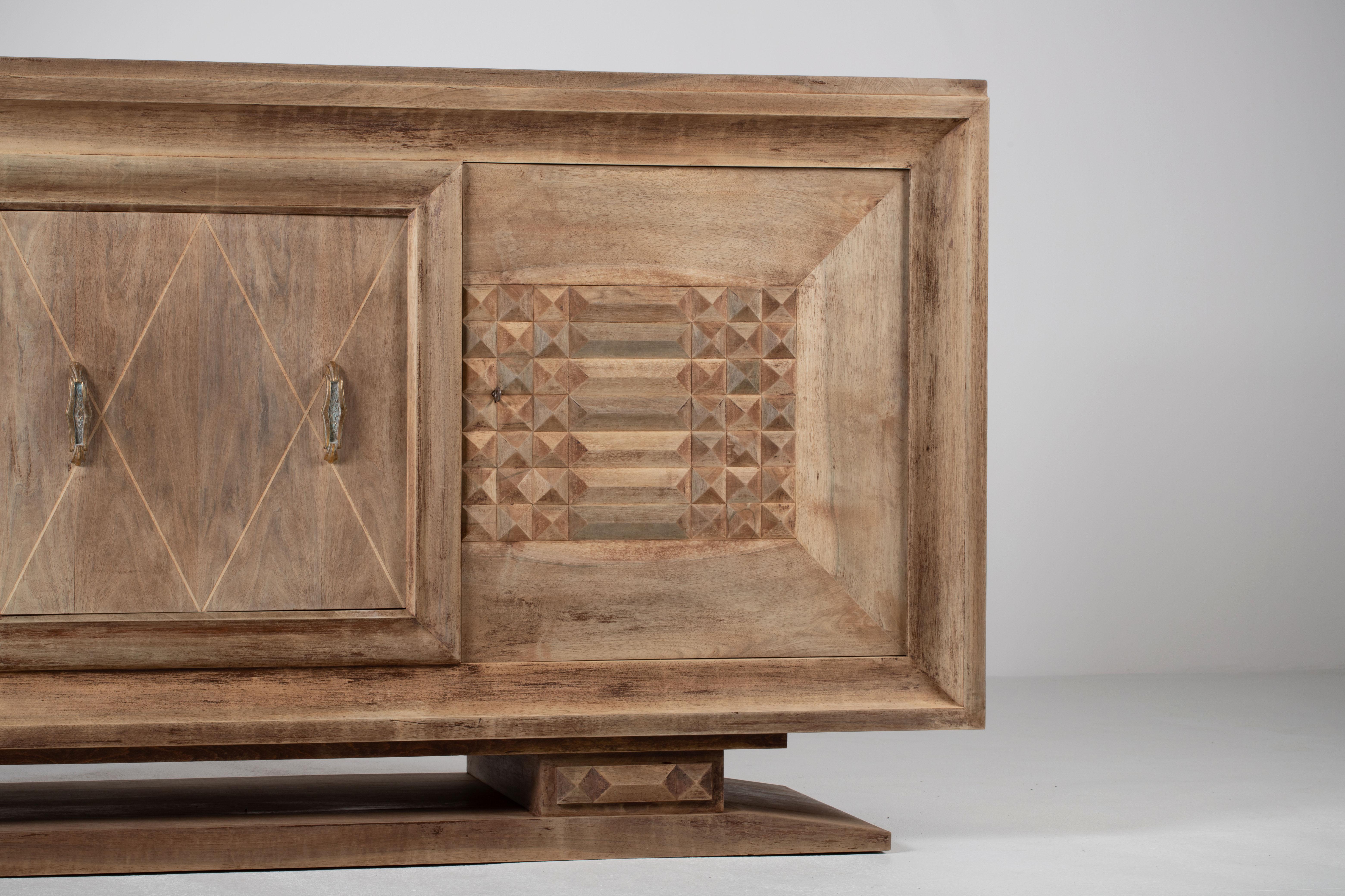 Bleached Art Deco Solid Oak Sideboard with Geometric Details, France, 1940s For Sale 3
