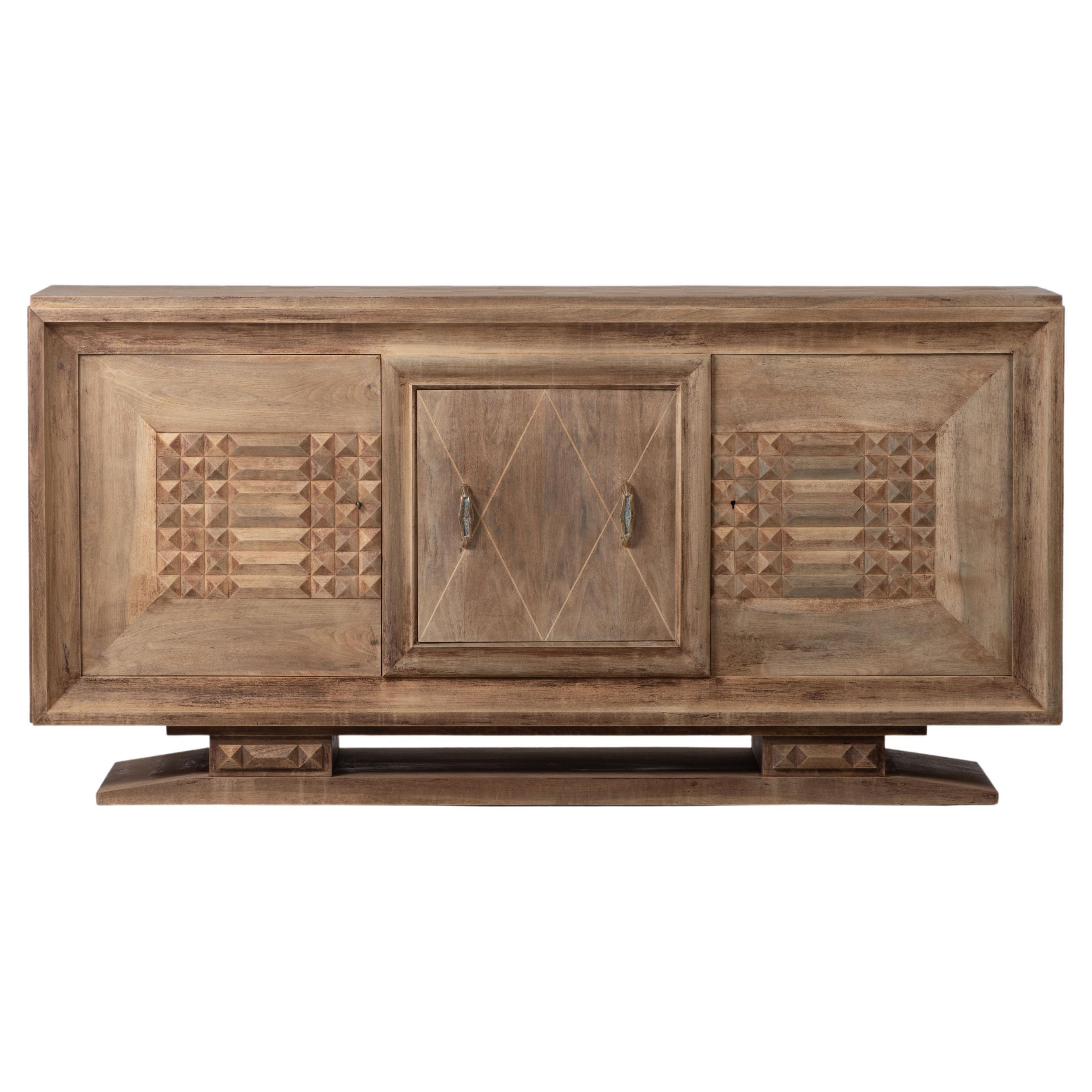 Bleached Art Deco Solid Oak Sideboard with Geometric Details, France, 1940s For Sale