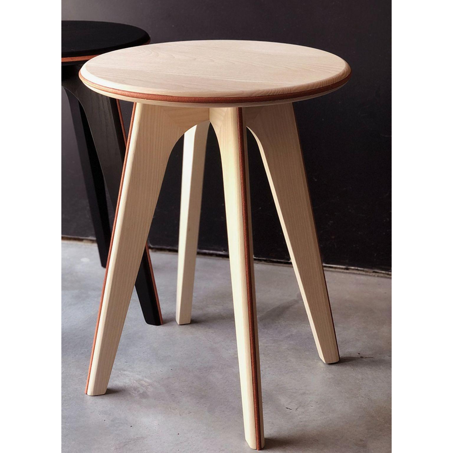 Bleached Ash and Orange Leather Stool by Mademoiselle Jo
Dimensions: Ø 35 x H 46 cm.
Materials: Bleached ash and orange leather.

Available in two wood colors and several designs.  Please contact us.

At the border between design and goldsmithing,