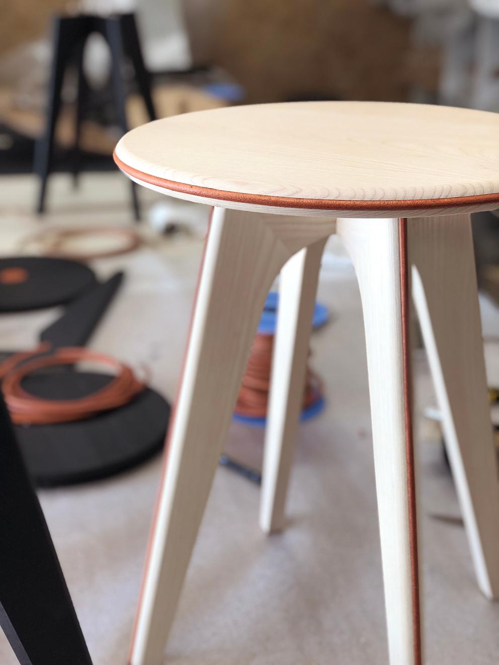 Post-Modern Bleached Ash and Orange Leather ASSY Stool by Mademoiselle Jo For Sale