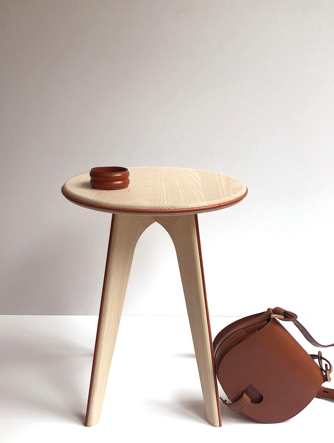 Bleached Ash and Orange Leather ASSY Stool by Mademoiselle Jo In New Condition For Sale In Geneve, CH