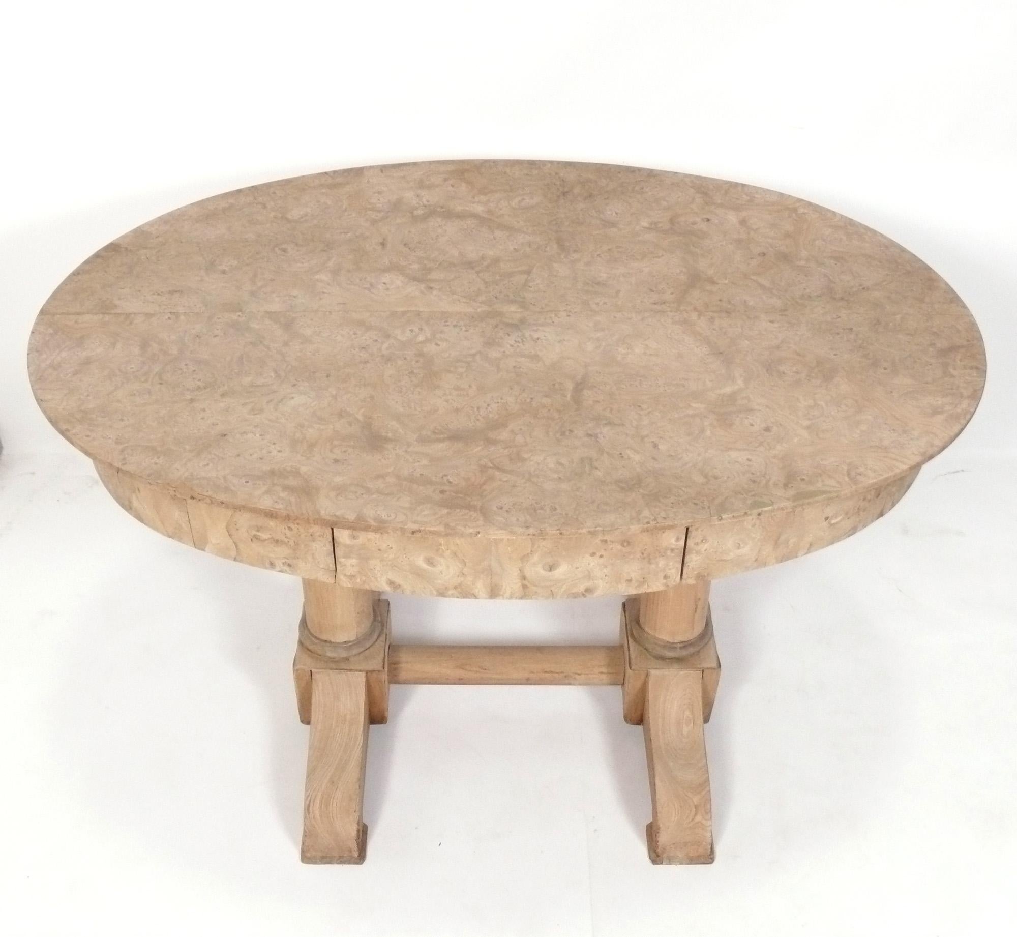 Bleached Biedermeier Oval Burlwood Desk or Console Table, probably Austrian, circa mid 19th Century. It is a versatile size and can be used as a console or sofa table, desk, vanity, or bar. The width between the legs is 17