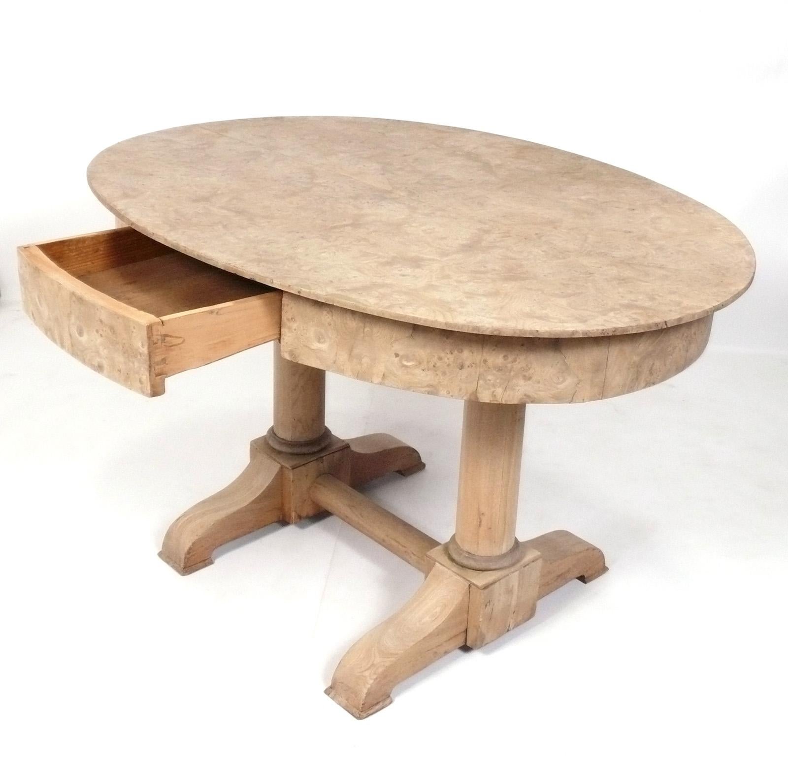 Bleached Biedermeier Oval Burlwood Desk or Console Table circa 19th Century In Good Condition For Sale In Atlanta, GA