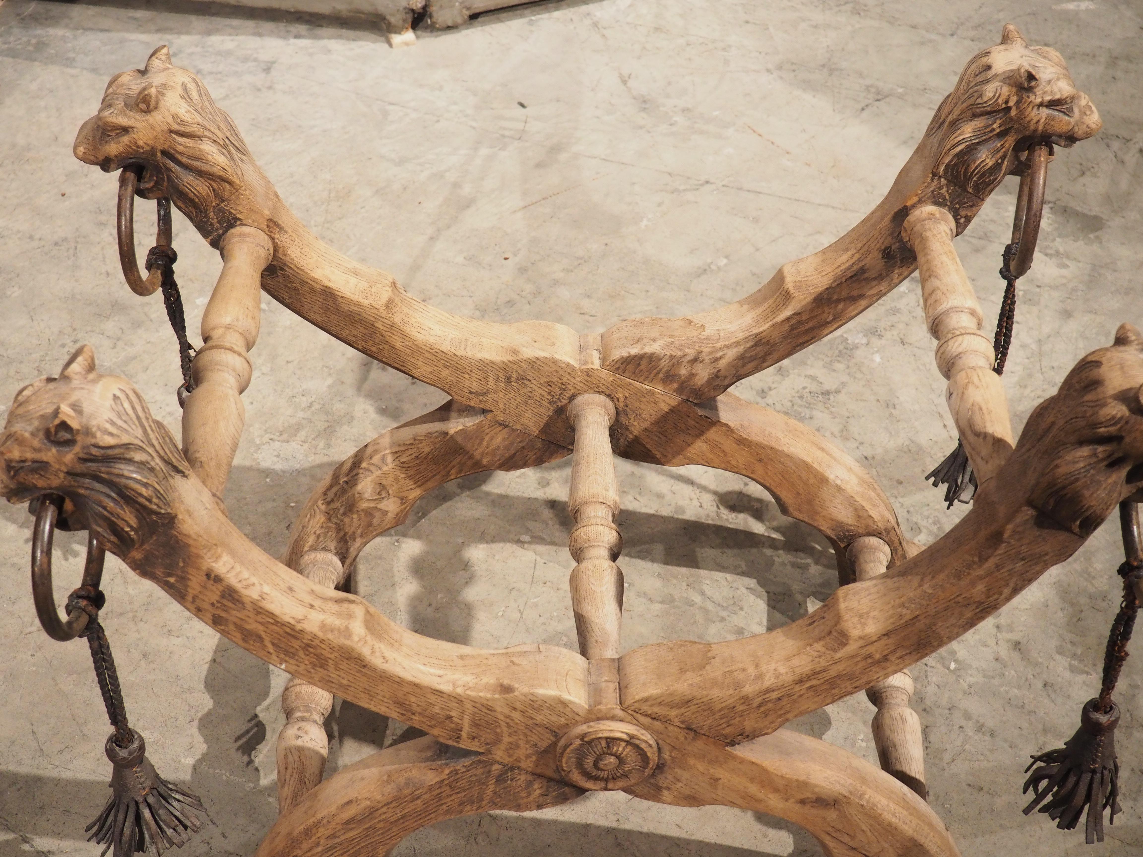 Bleached French Oak Curule Bench with Lion Heads and Iron Rings, Circa 1920 6