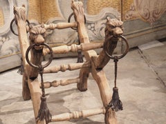 Bleached French Oak Curule Bench with Lion Heads and Iron Rings, Circa 1920