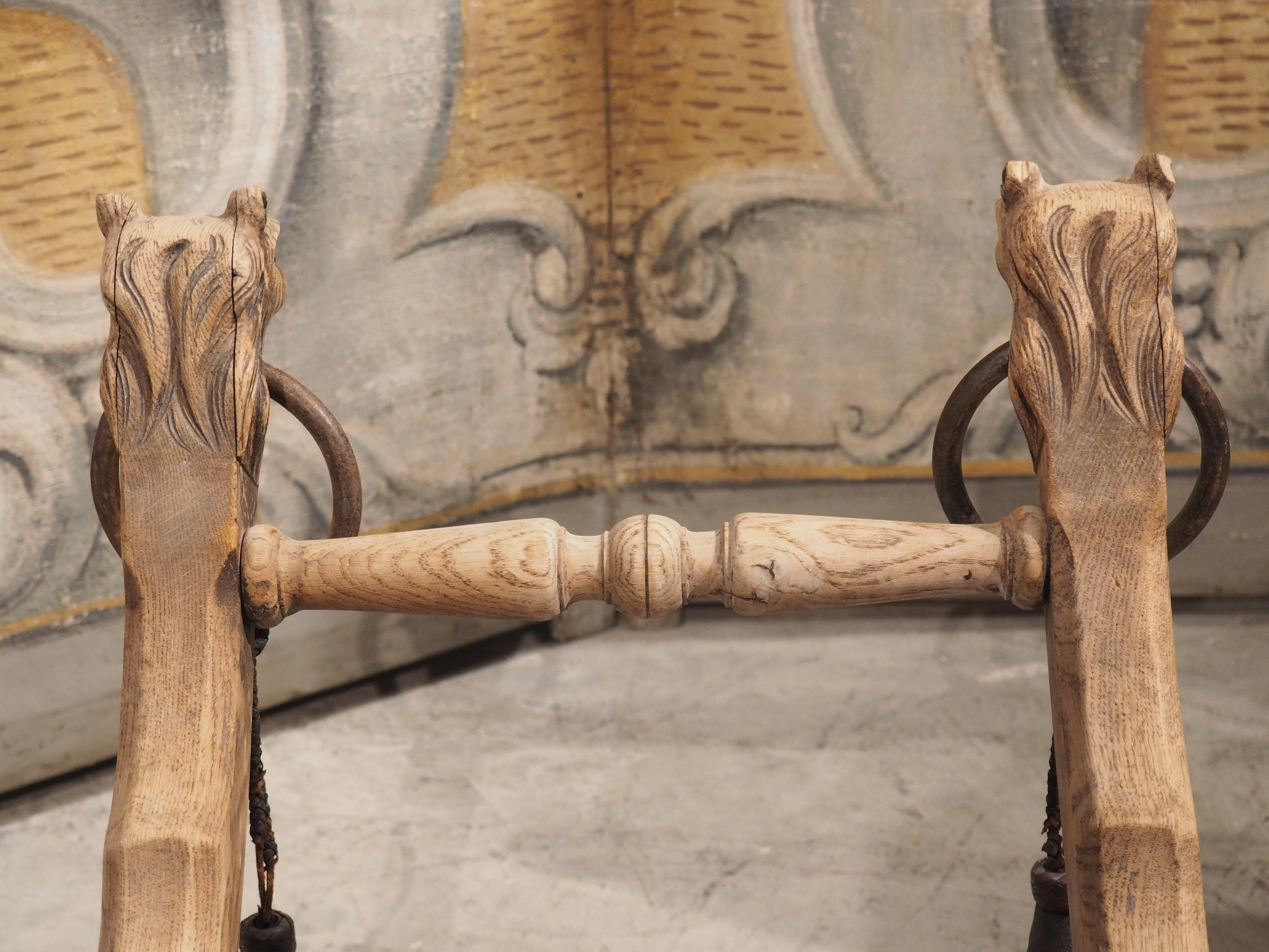 Bleached French Oak Curule Bench with Lion Heads and Iron Rings, Circa 1920 1