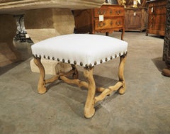 Bleached French Os De Mouton Tabouret Stool, White Cotton Upholstery, C. 1900