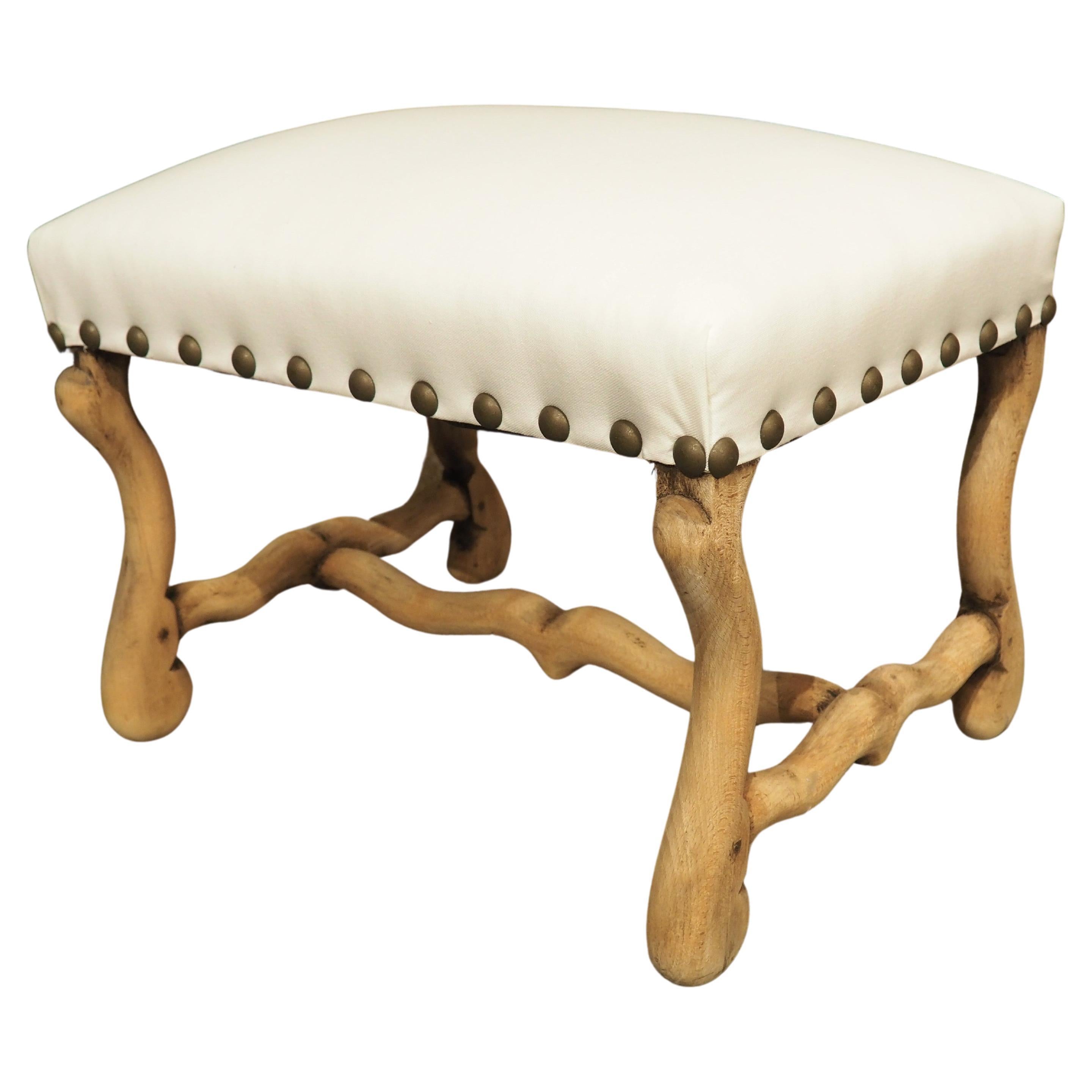 Bleached French Os De Mouton Tabouret Stool, White Cotton Upholstery, C. 1900