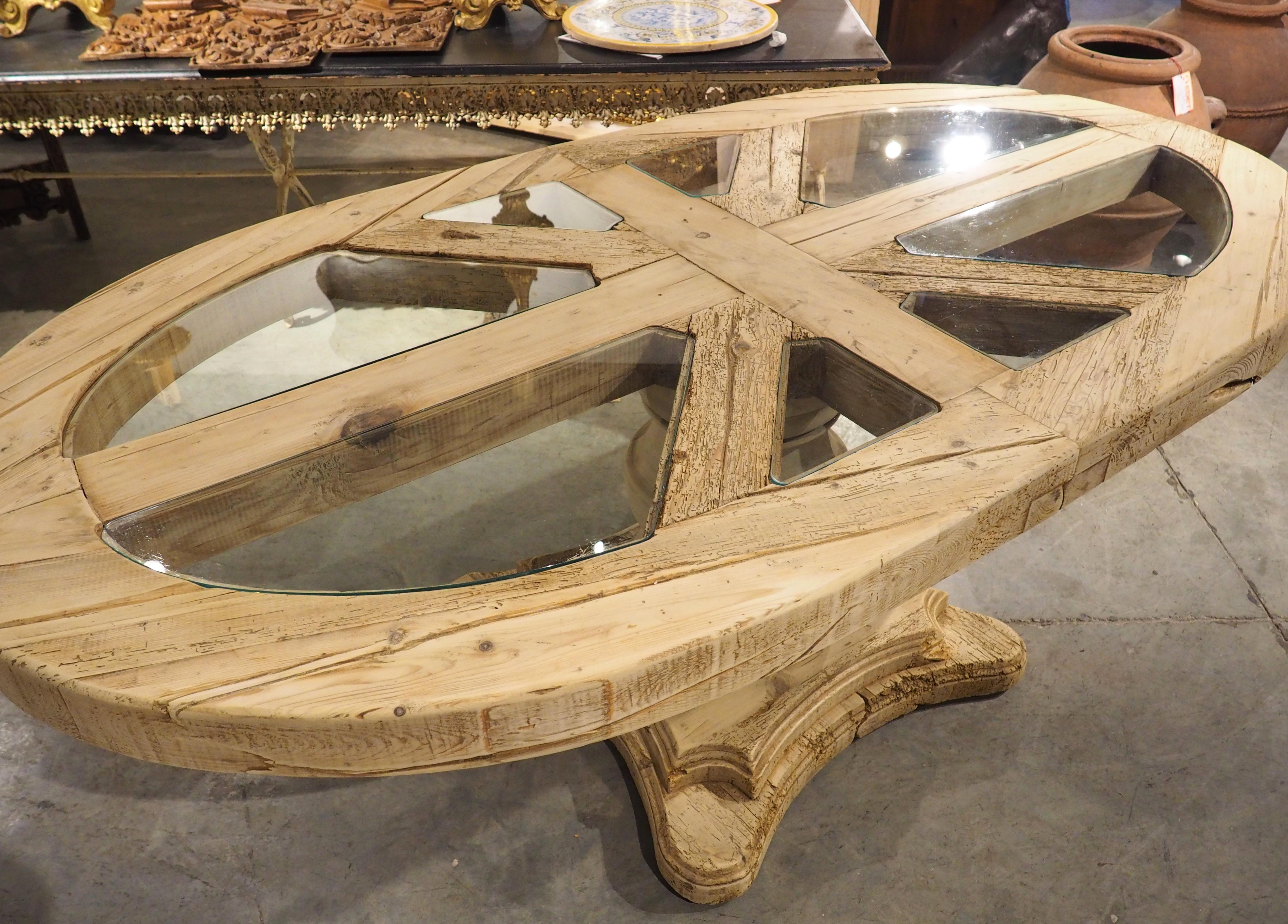 Bleached French Oval Dining or Breakfast Table, Glass Inset Panels, Circa 1940s In Good Condition For Sale In Dallas, TX