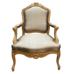 Bleached Fruitwood Louis XV Armchair Upholstered In Silk