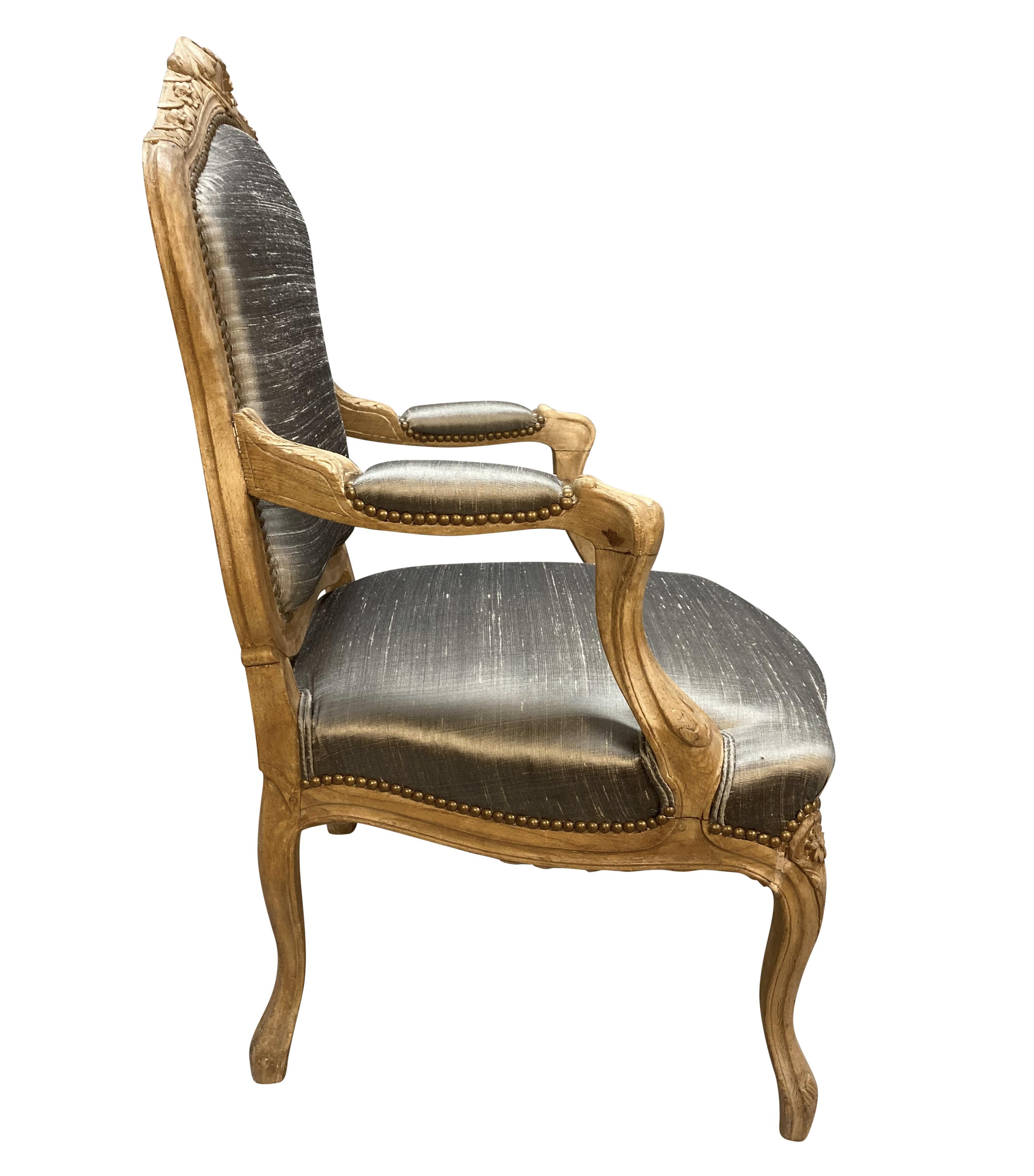 Brass Bleached Fruitwood Louis XV Armchair Upholstered In Silk For Sale