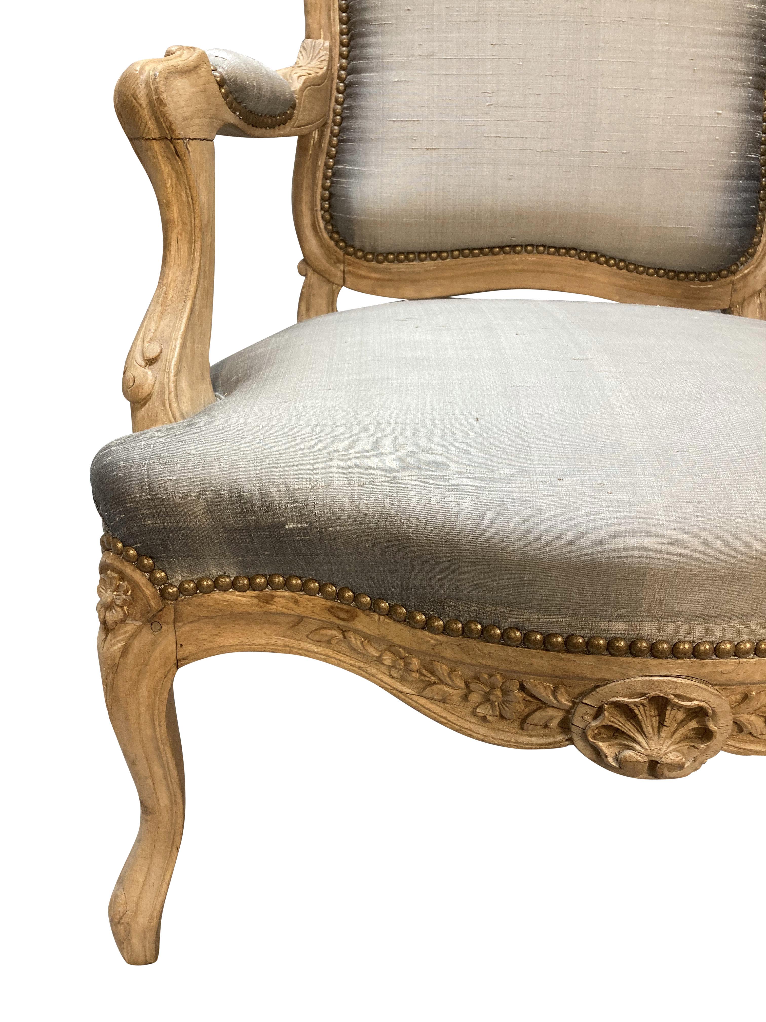 Bleached Fruitwood Louis XV Armchair Upholstered In Silk For Sale 1