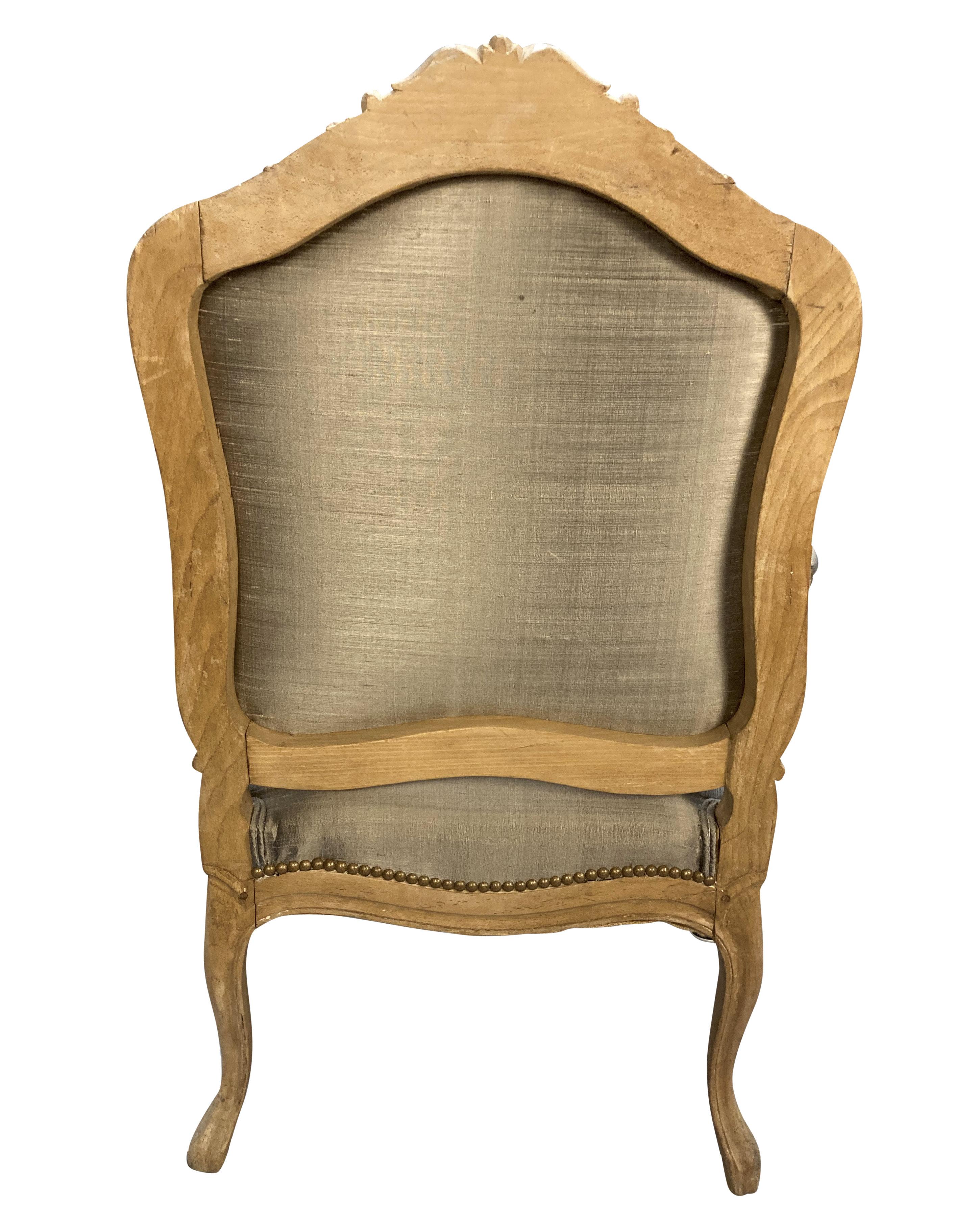 Bleached Fruitwood Louis XV Armchair Upholstered In Silk For Sale 2