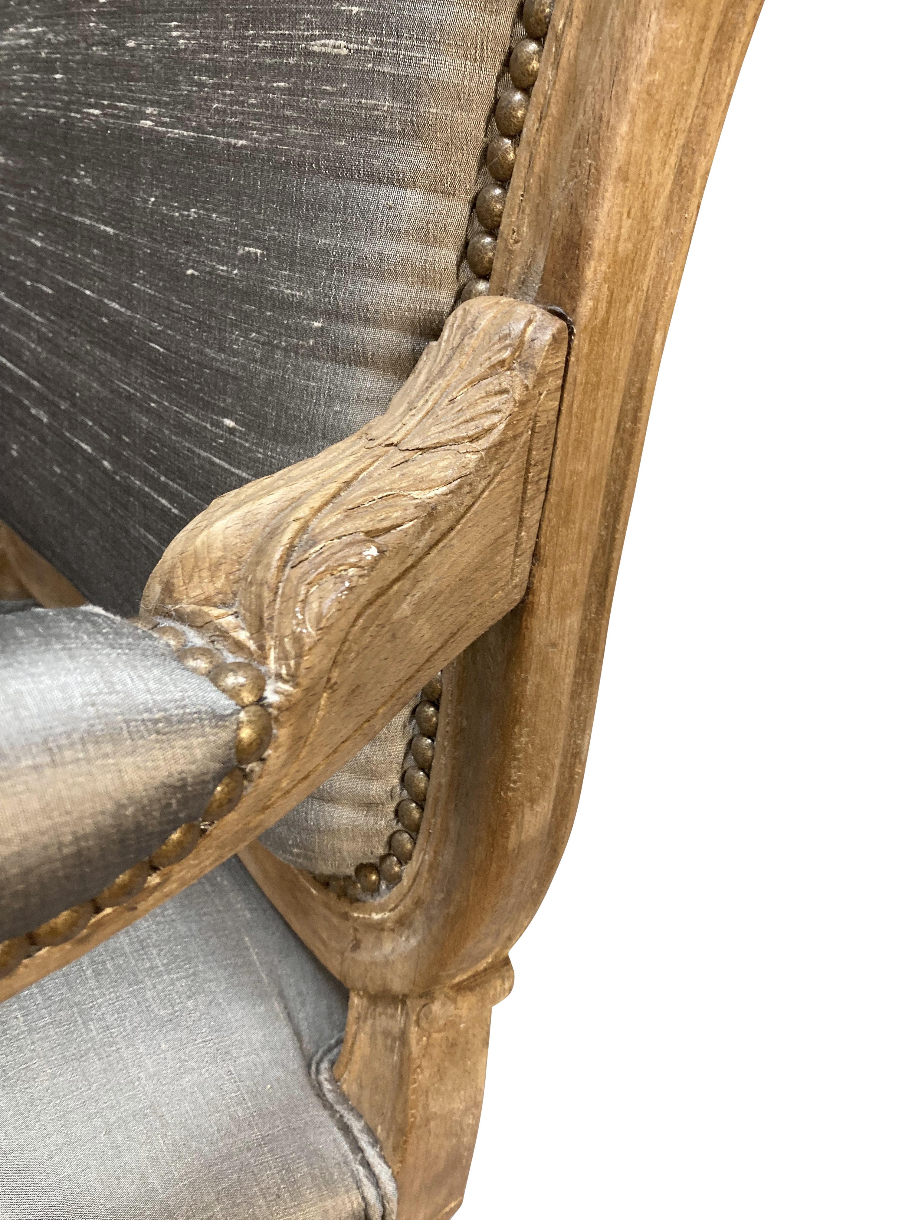 Bleached Fruitwood Louis XV Armchair Upholstered In Silk For Sale 3