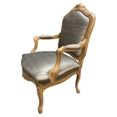 Bleached Fruitwood Louis XV Armchair Upholstered In Silk
