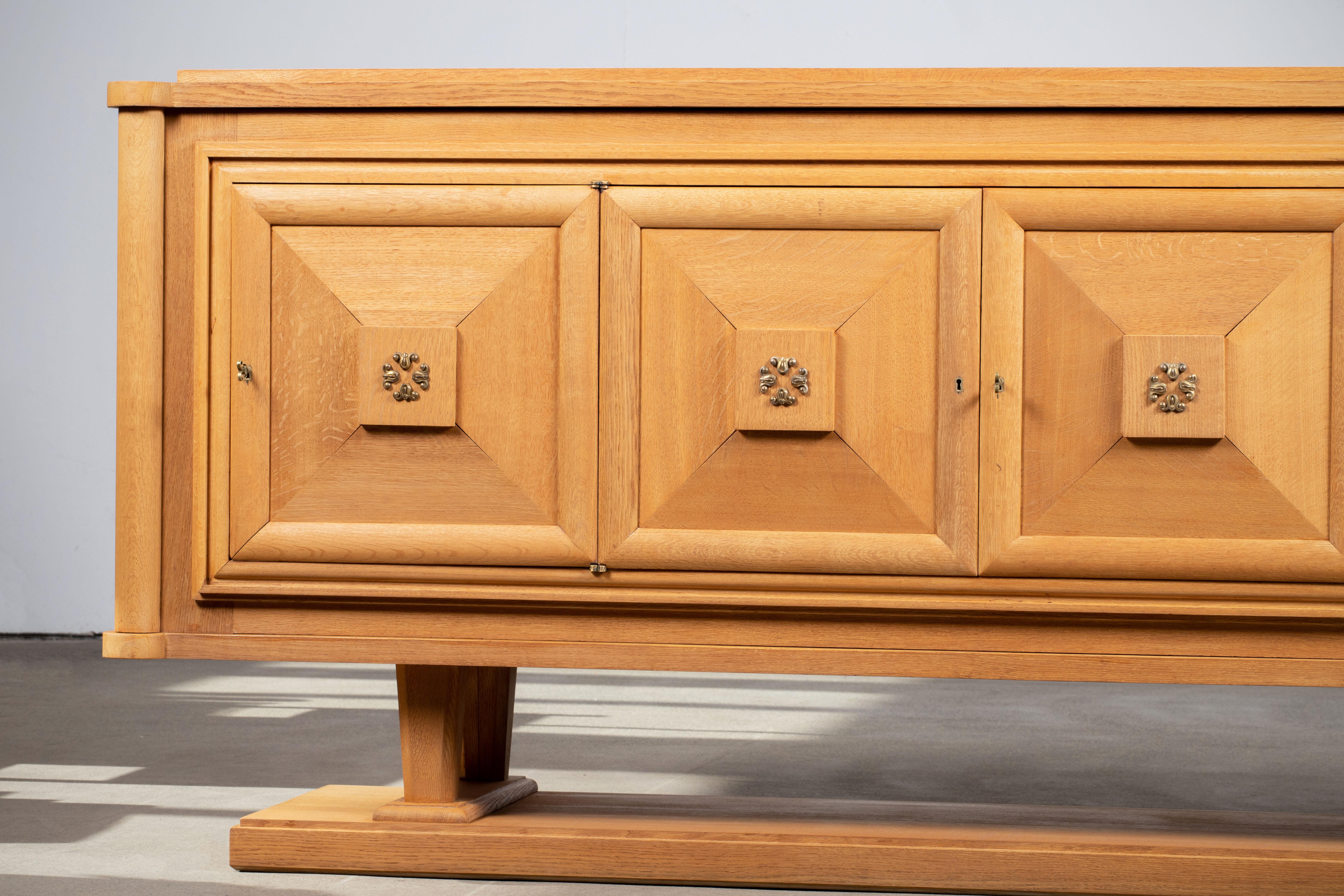 Brass Bleached Large French Oak Art Deco Sideboard in style of Charles Dudouyt, France For Sale