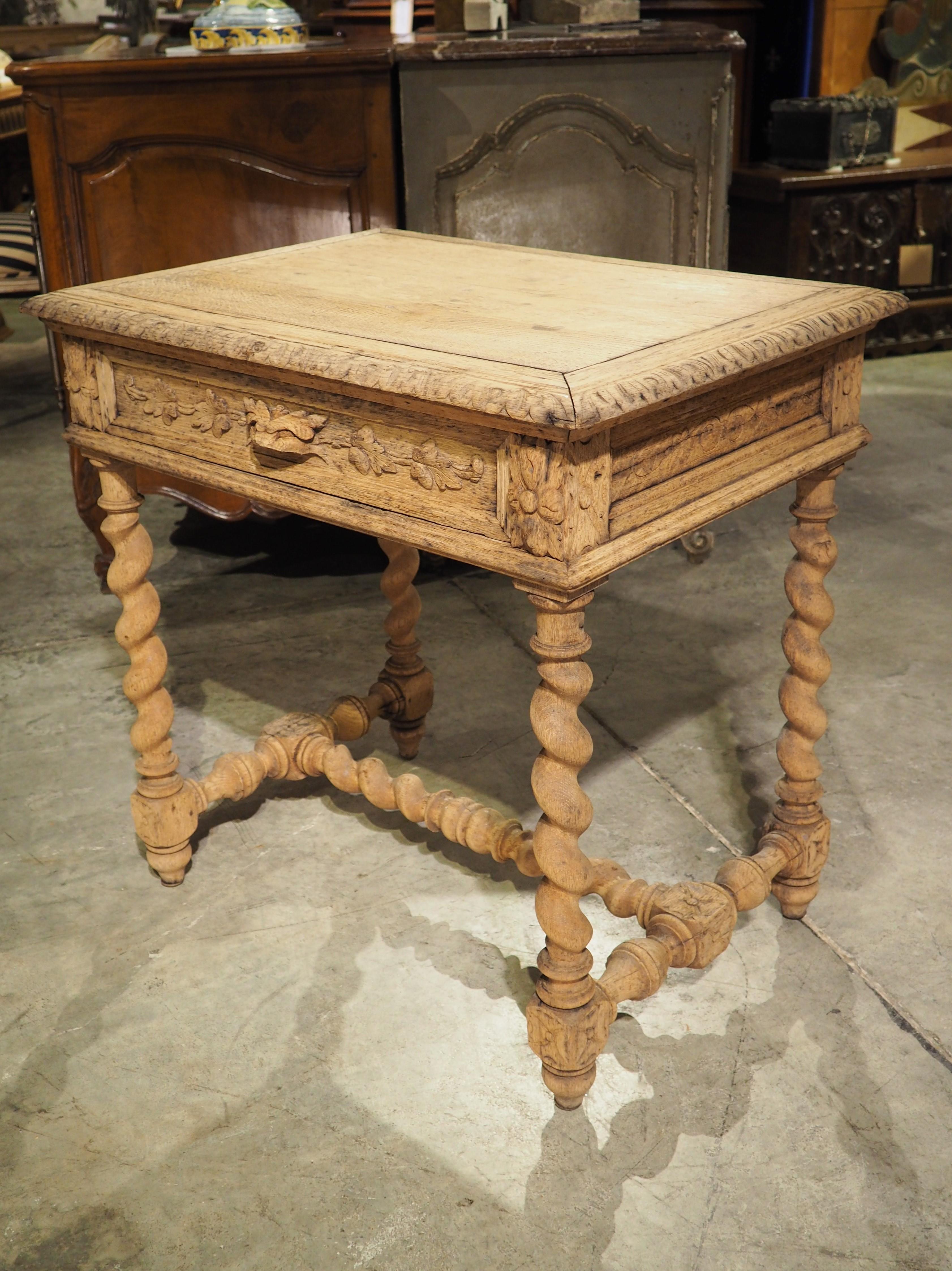 French Bleached Louis XIII Style Carved Oak Side Table from France, Late 1800s