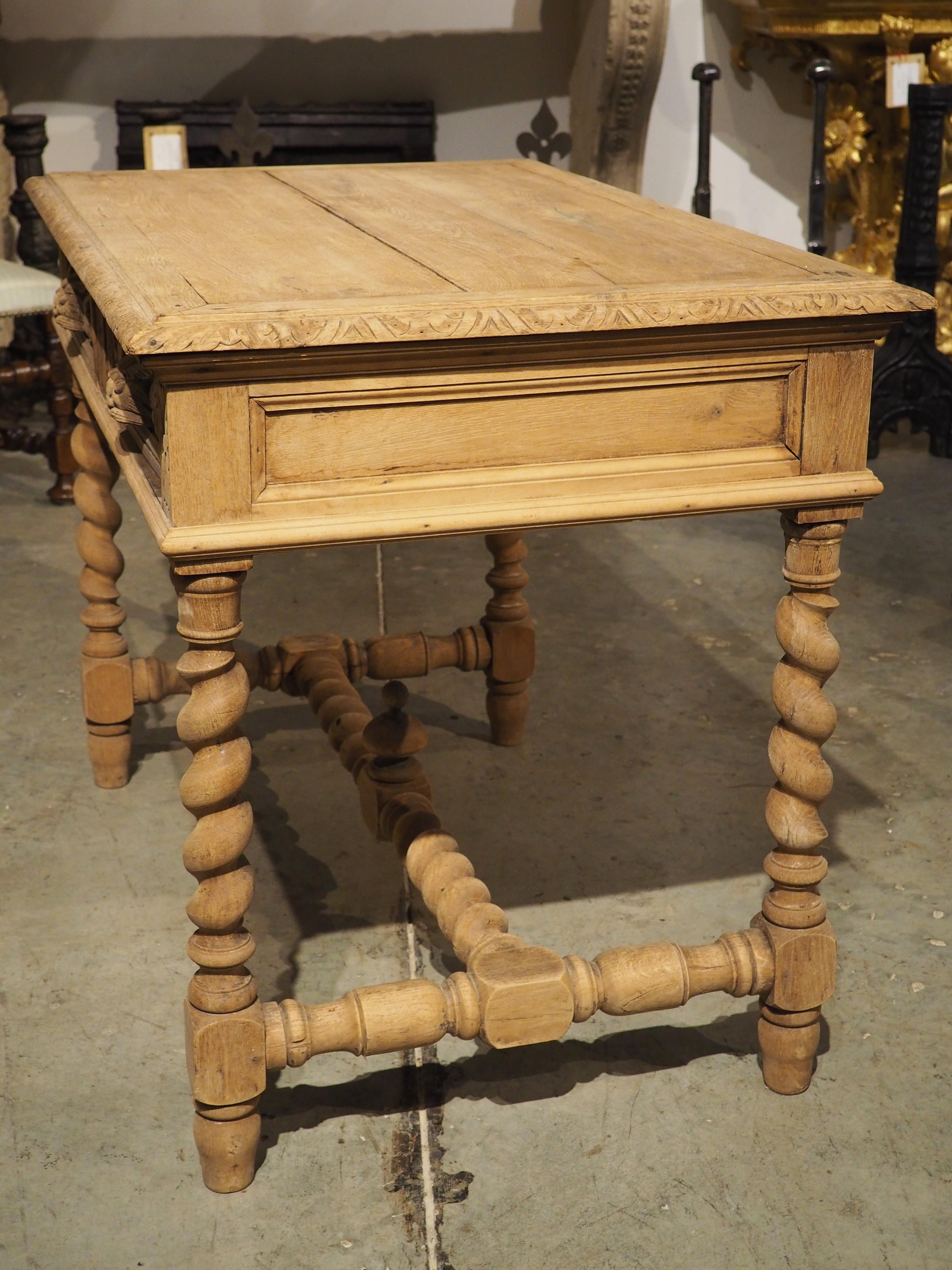 Bleached Louis XIII Style Carved Oak Writing Table from France, Late 1800s 9