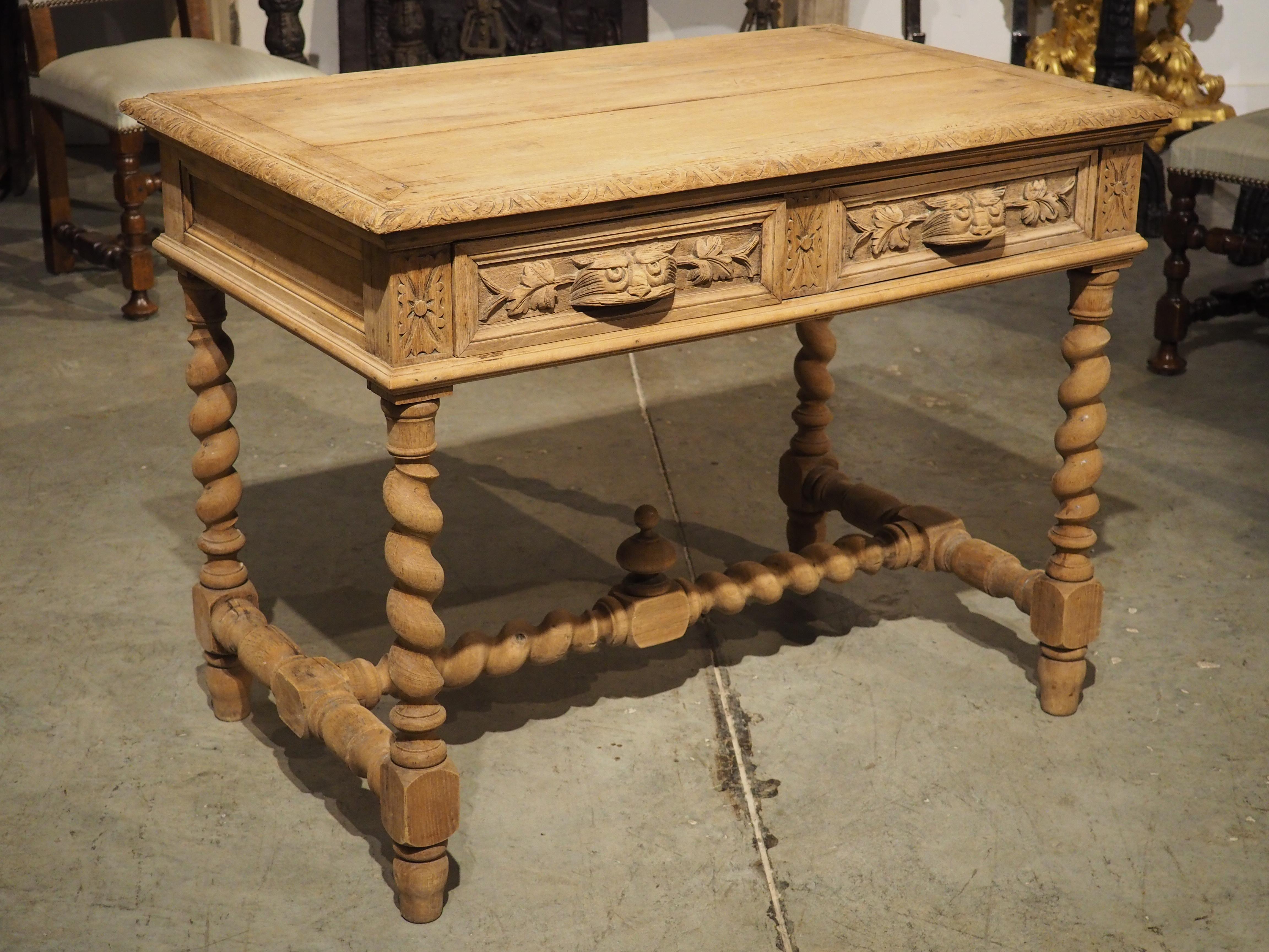 Bleached Louis XIII Style Carved Oak Writing Table from France, Late 1800s 14