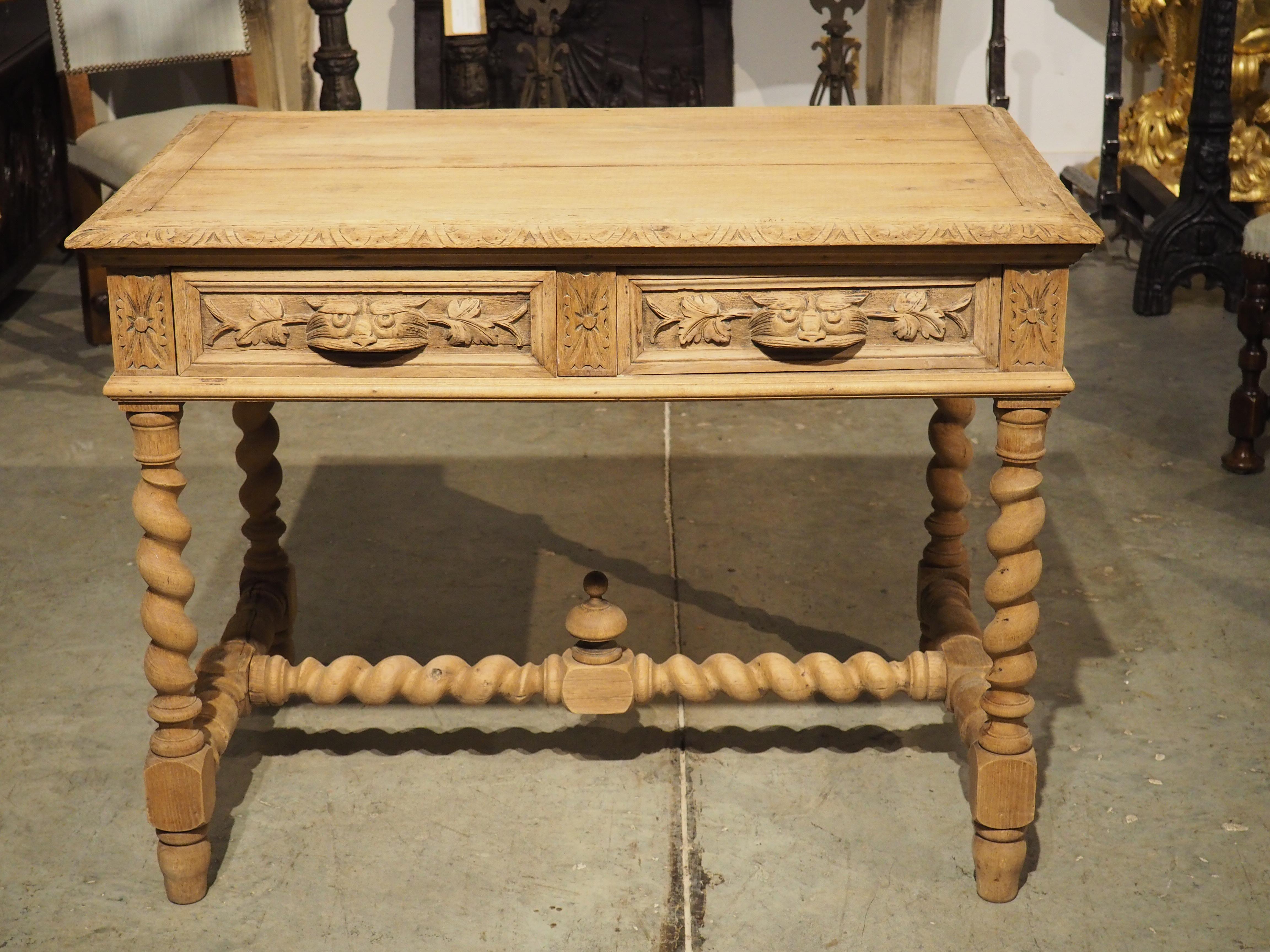 Bleached Louis XIII Style Carved Oak Writing Table from France, Late 1800s In Good Condition In Dallas, TX