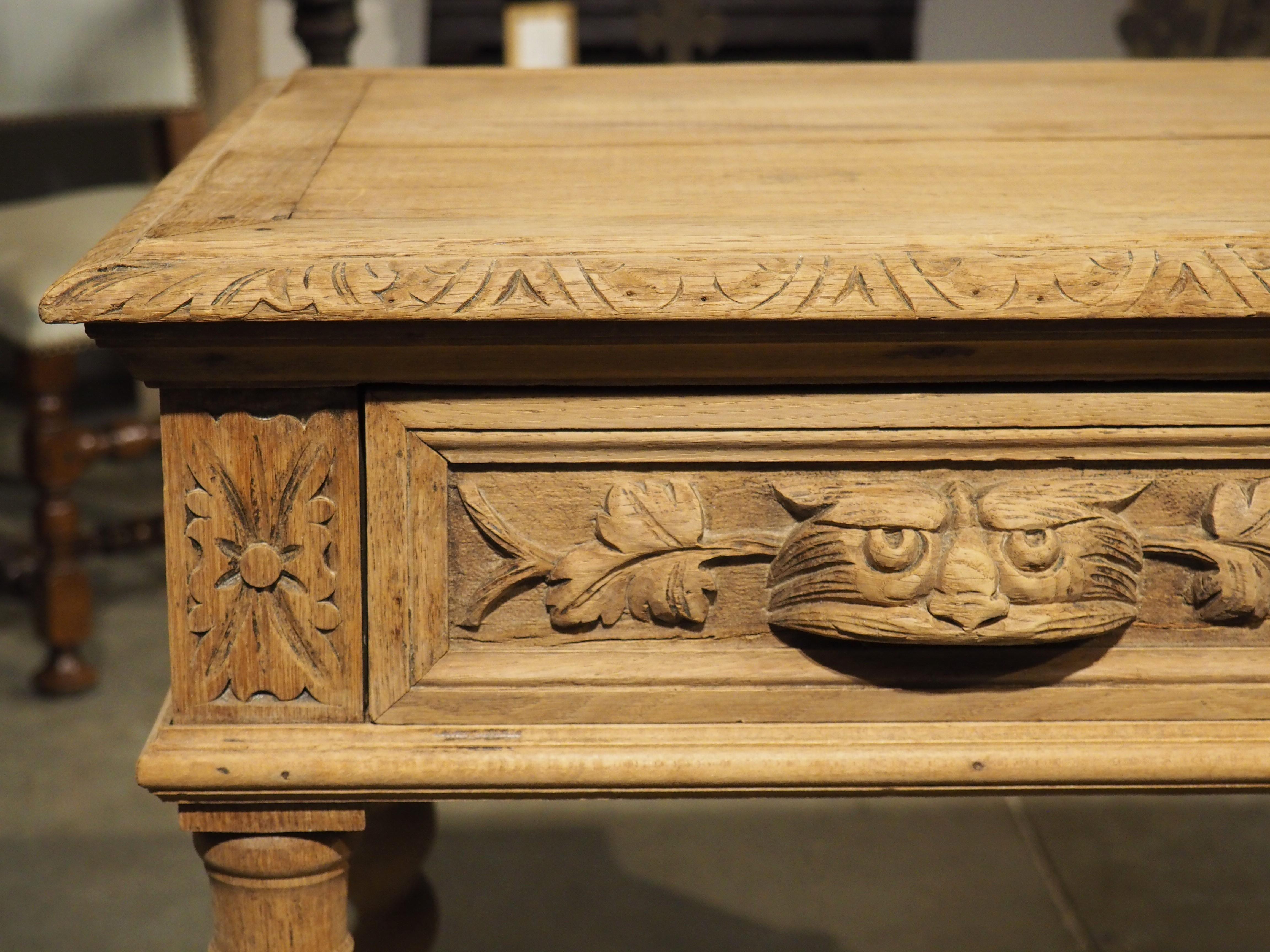 19th Century Bleached Louis XIII Style Carved Oak Writing Table from France, Late 1800s