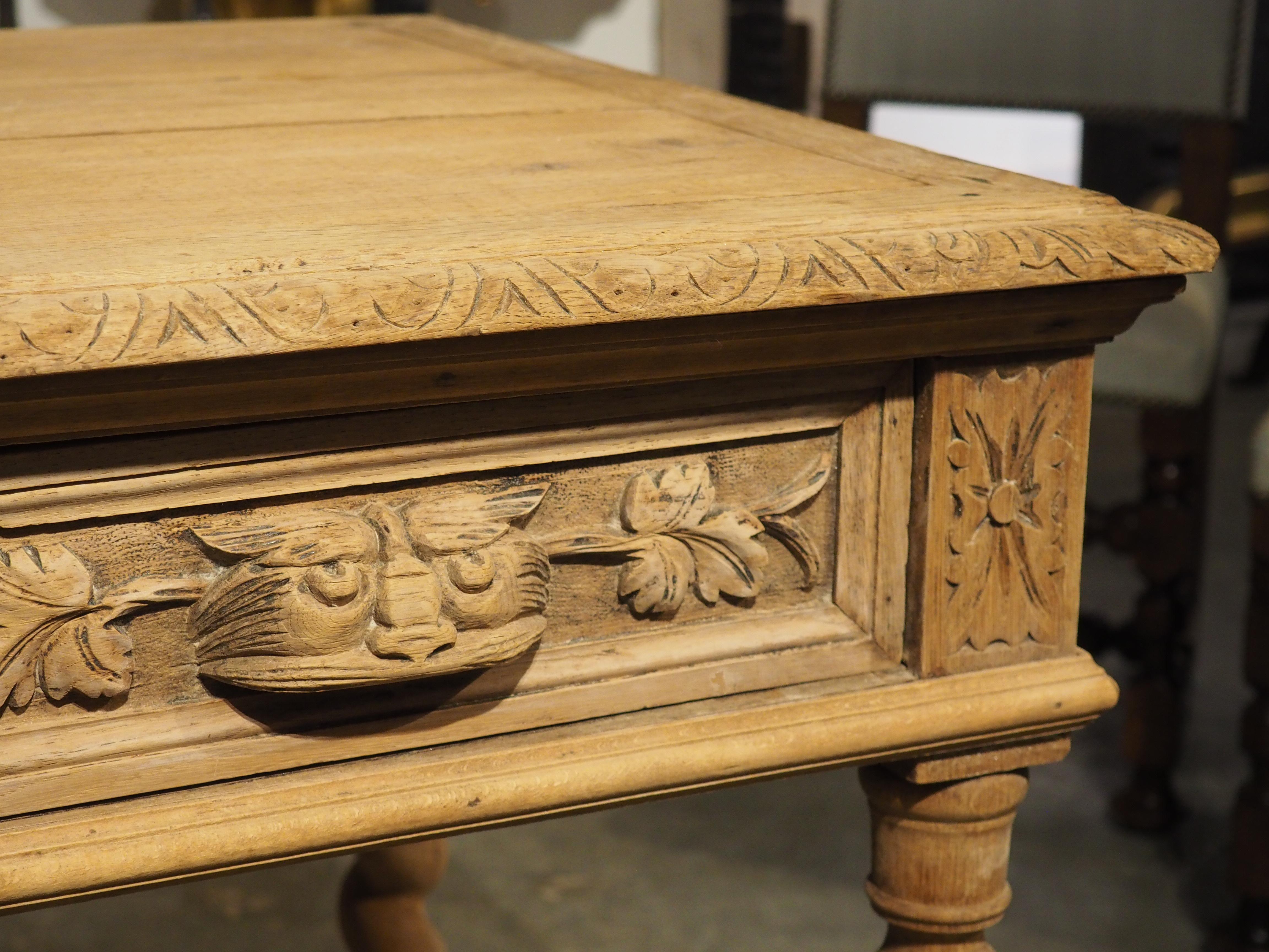 Bleached Louis XIII Style Carved Oak Writing Table from France, Late 1800s 3