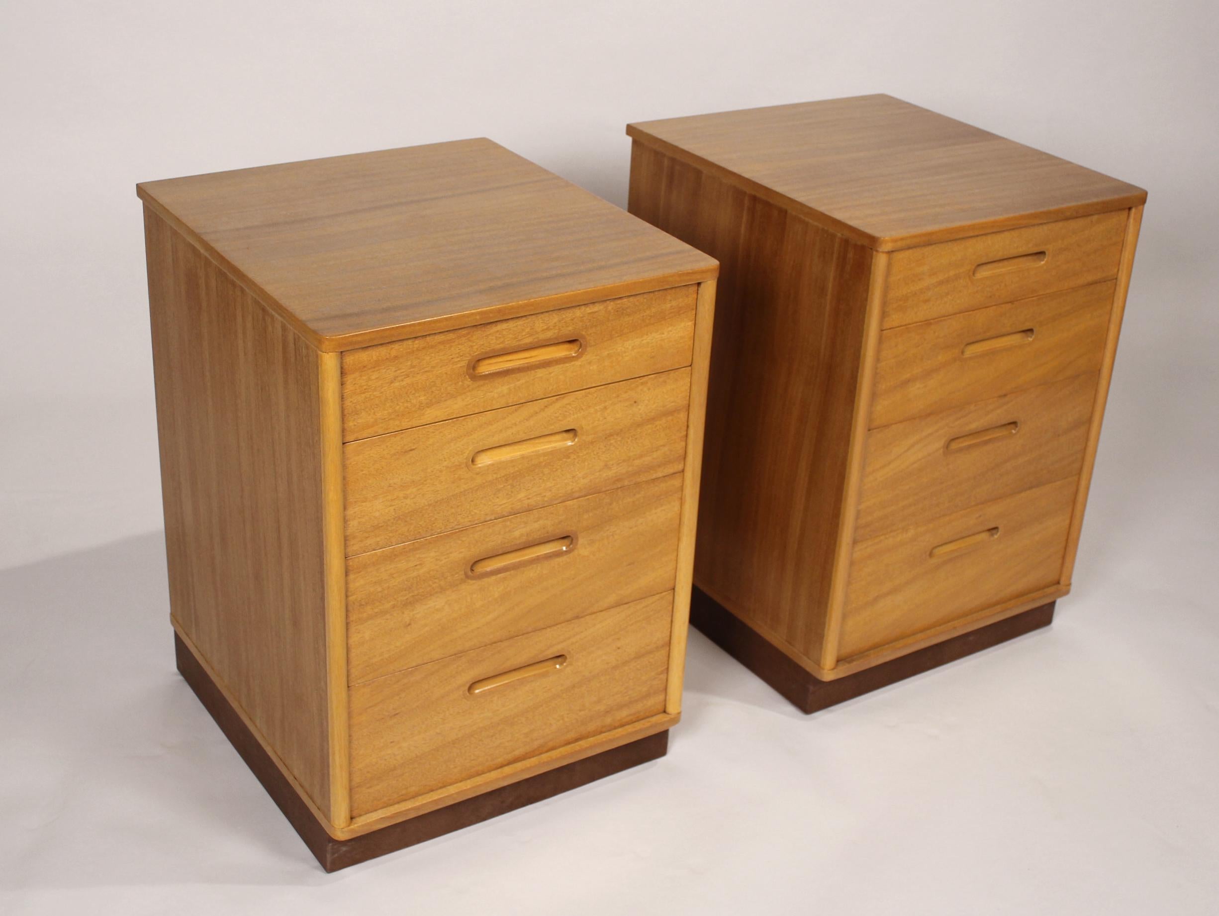 American Bleached Mahogany Nightstands with Leather Bases by Edward Wormley for Dunbar For Sale